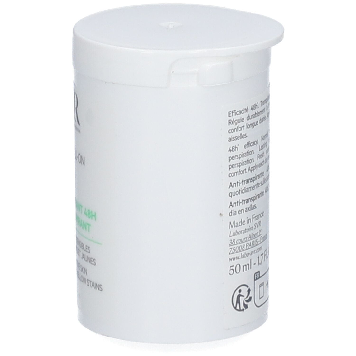 SVR SPIRIAL Roll-On Antitraspirante, vista laterale. Contenitore bianco con scritte.