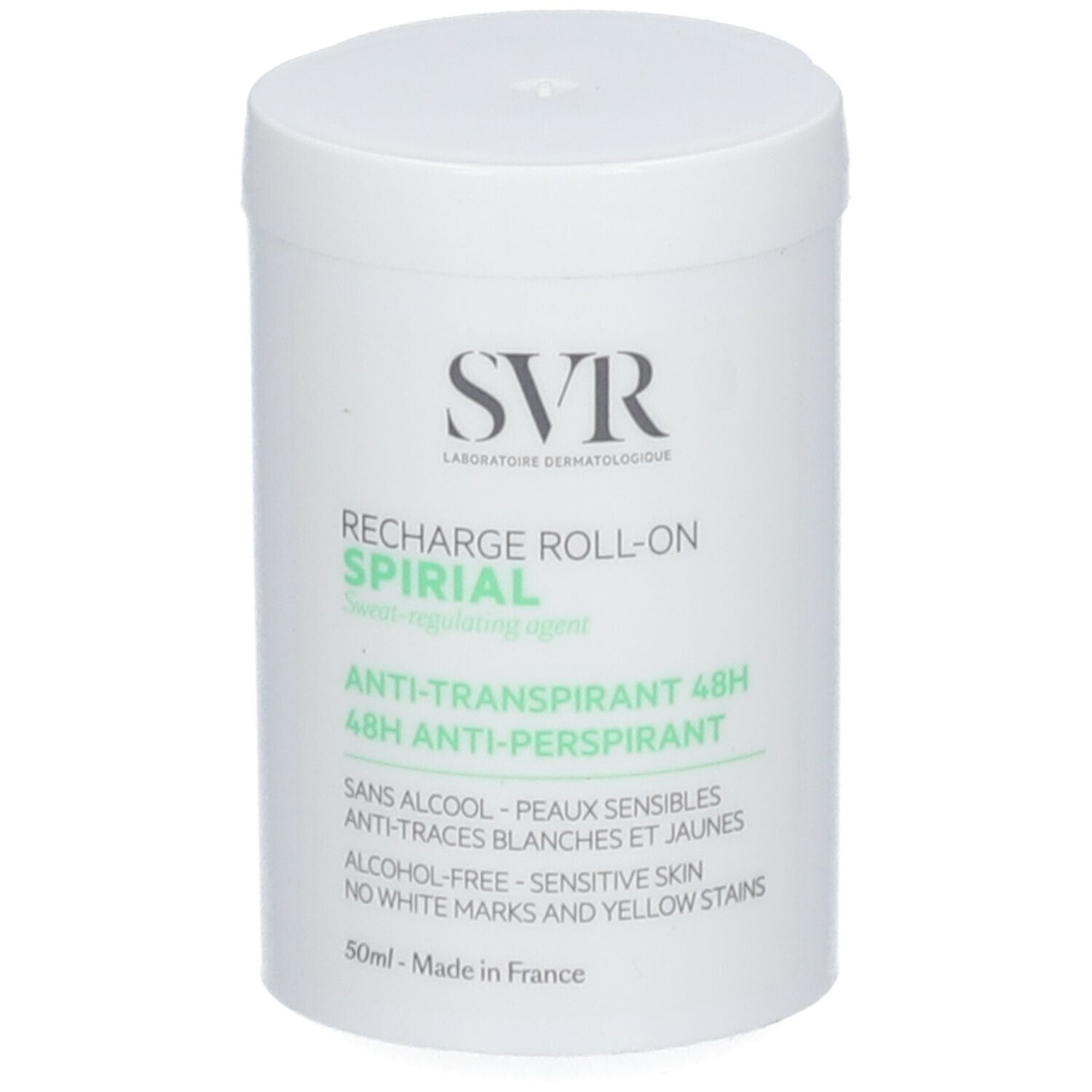 SVR SPIRIAL Roll-On Antitraspirante, 50ml. Contenitore bianco con scritte.
