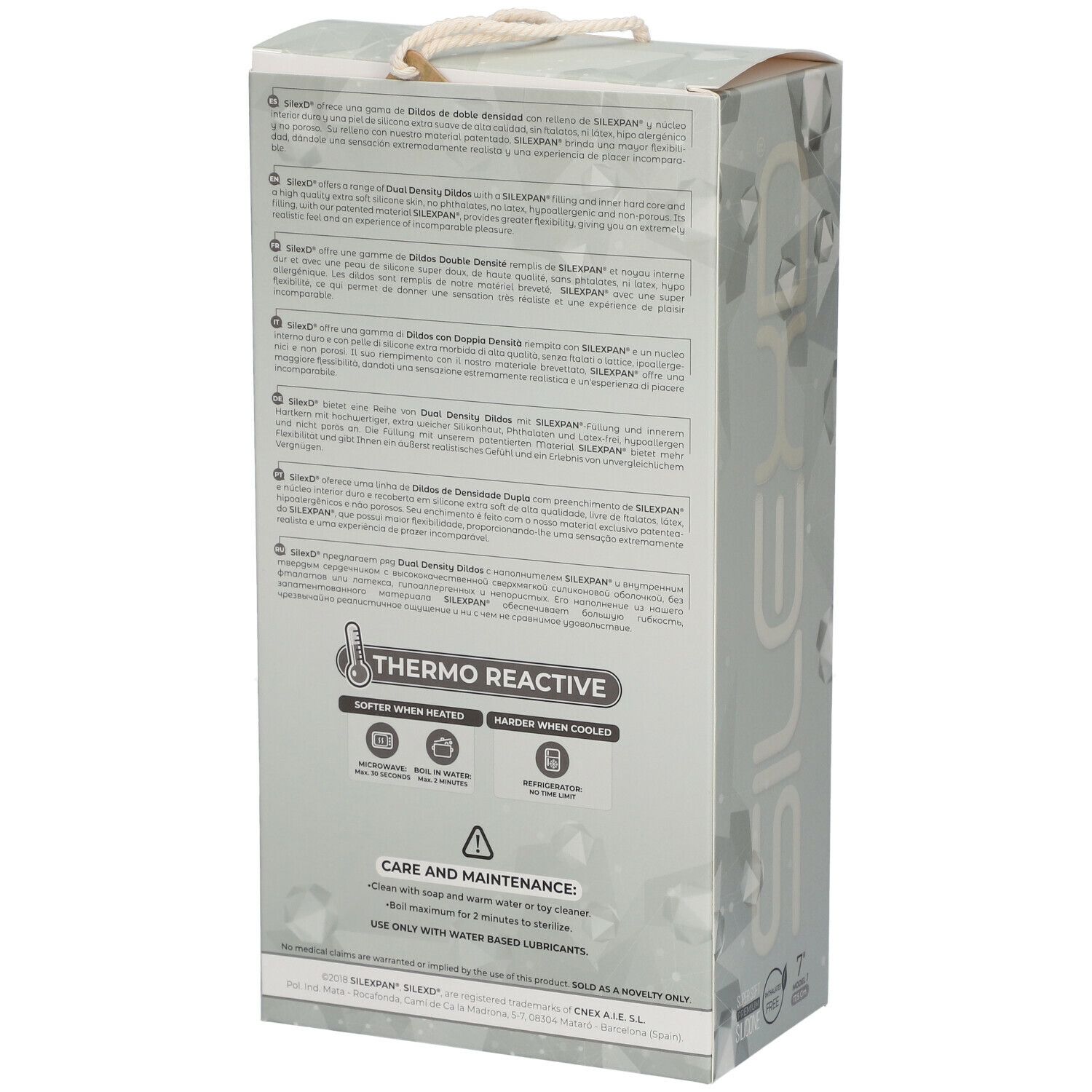 Retro della confezione. Testo multilingue. Thermo Reactive. Istruzioni per la cura.