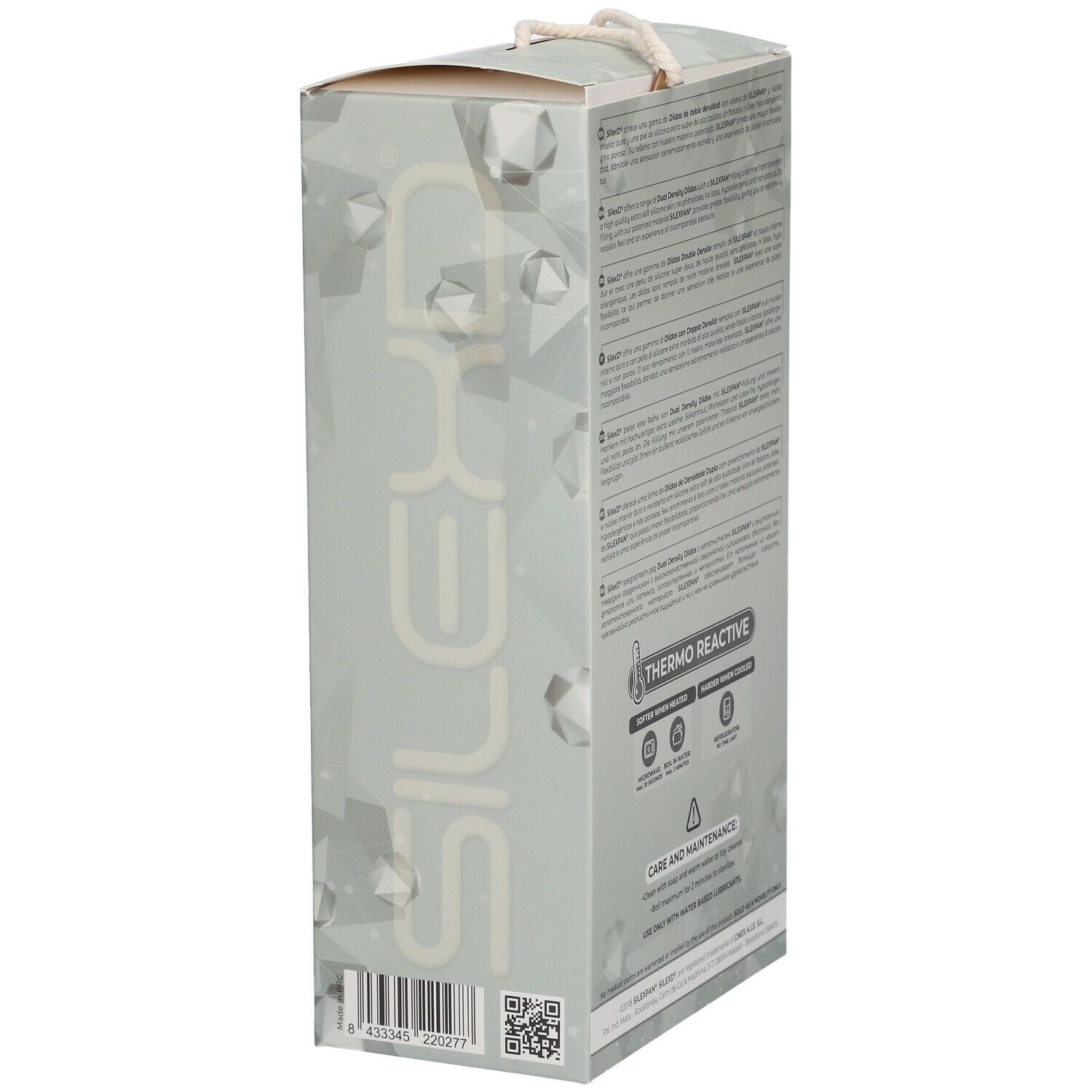 Confezione. Logo Silexd. Thermo Reactive. Codice QR. Testo.
