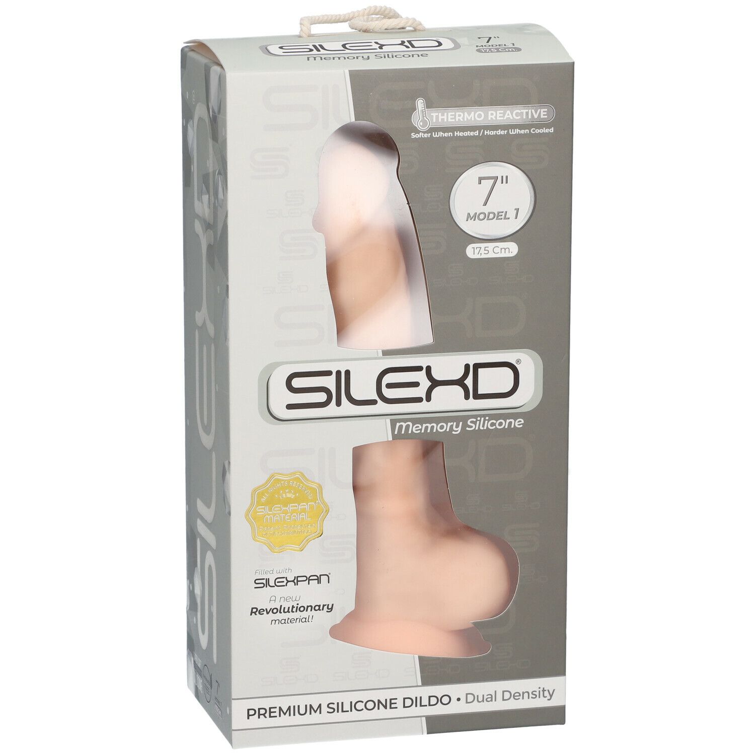 Dildo in confezione. 7" Modello 1. Beige. Silicone. Logo Silexd. Thermo Reactive.