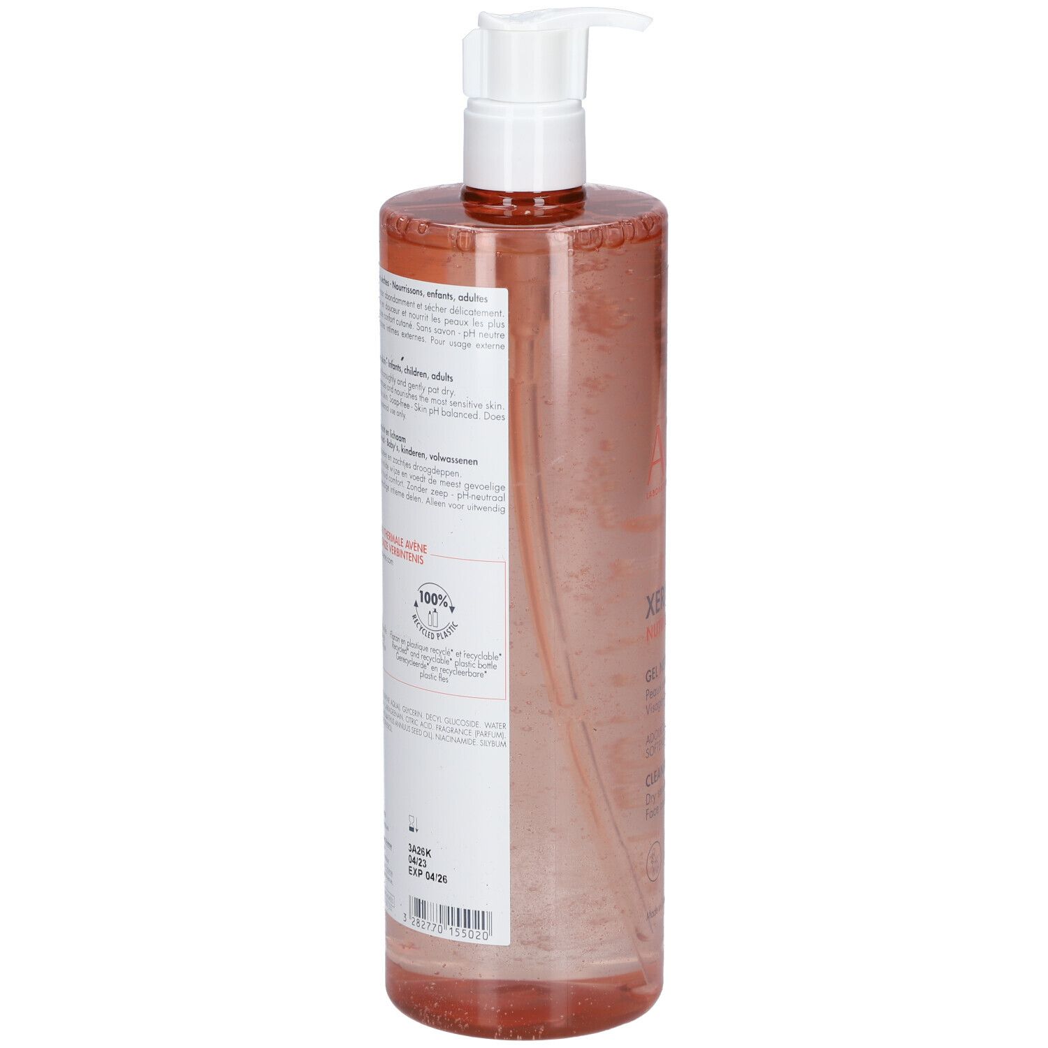 Flacone trasparente con liquido rosa e dispenser con pompa bianco.
