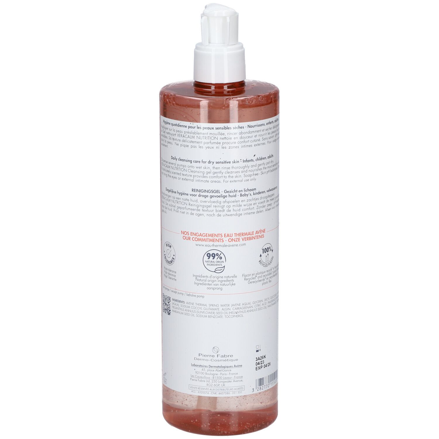 Flacone con dispenser a pompa, contenente liquido rossastro. Etichetta con informazioni sul prodotto.