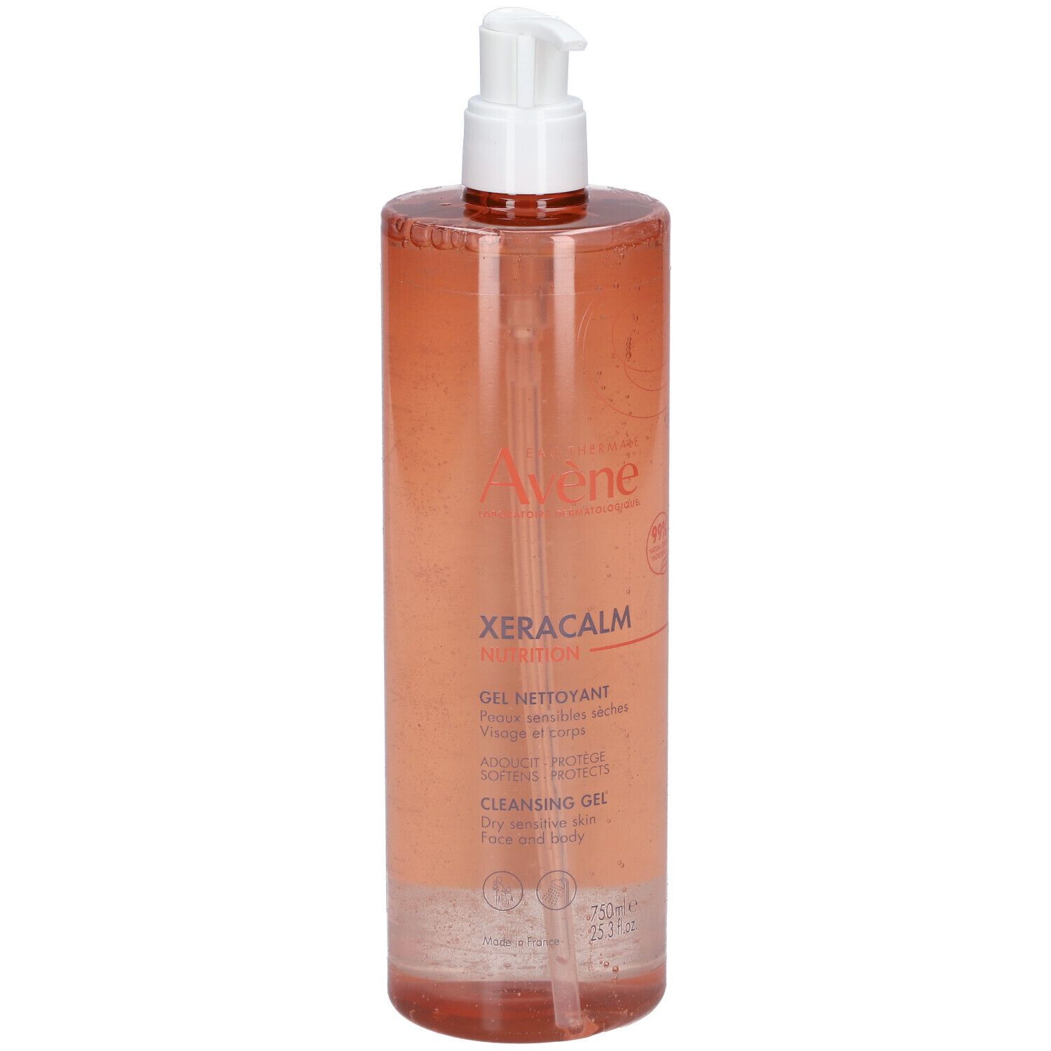 Gel detergente Avene Xeracalm in flacone con erogatore. Per pelle secca, viso e corpo.