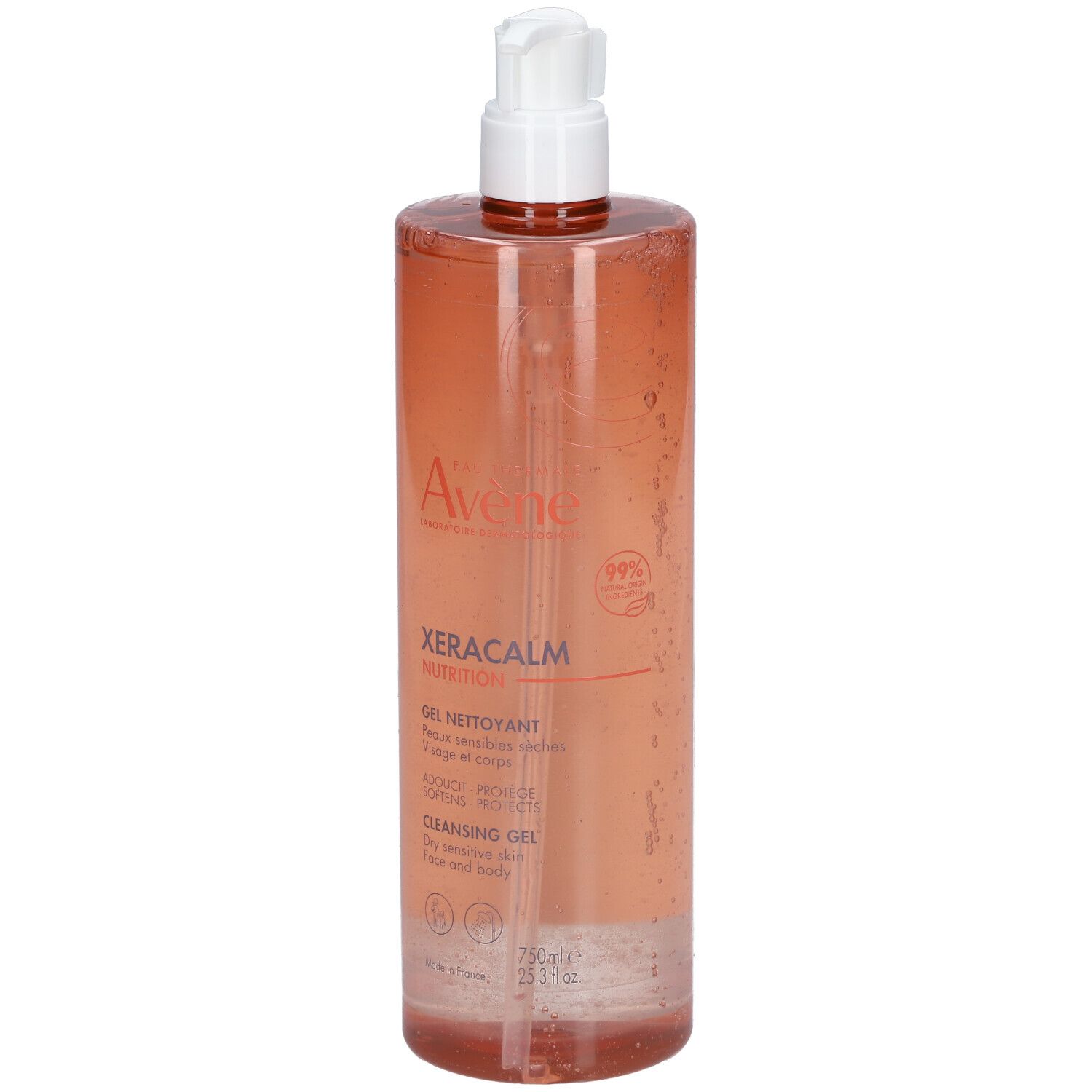 Gel detergente Avene XeraCalm NUTRITION in flacone da 750ml con erogatore.