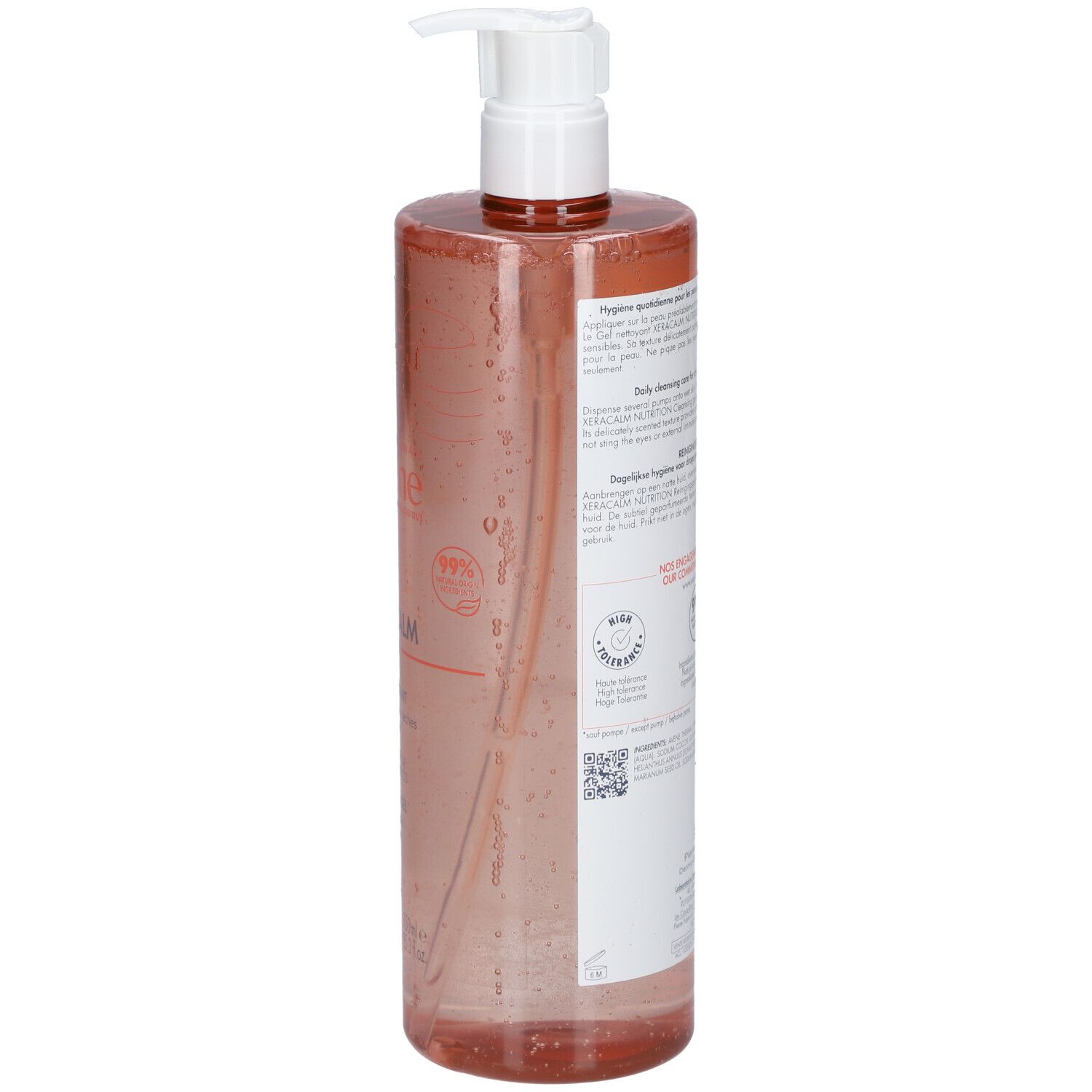 Flacone trasparente con dispenser a pompa, riempito di liquido rosato.