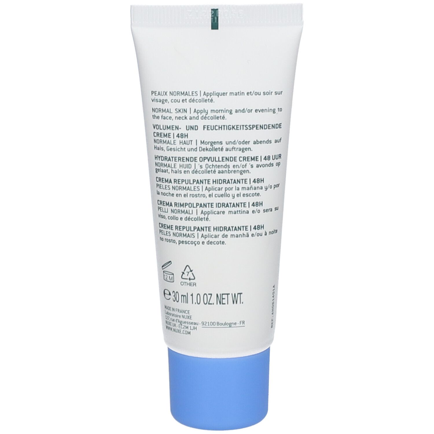 Retro del tubo. Testo multilingue. Contiene informazioni su uso e ingredienti.