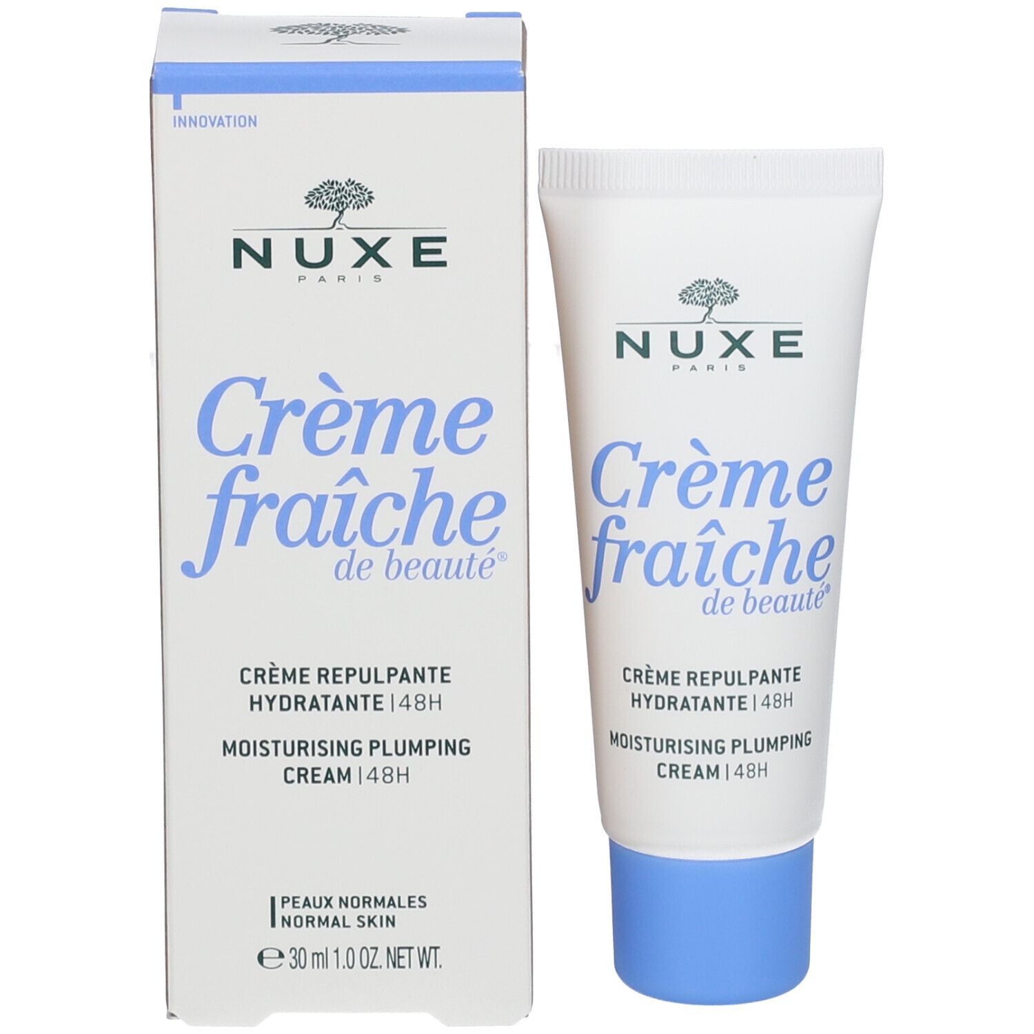 Prodotto e confezione. Scatola e tubo bianchi. Scritta: Nuxe, Crème fraîche de beauté, Crème repulpante idratante 48H.