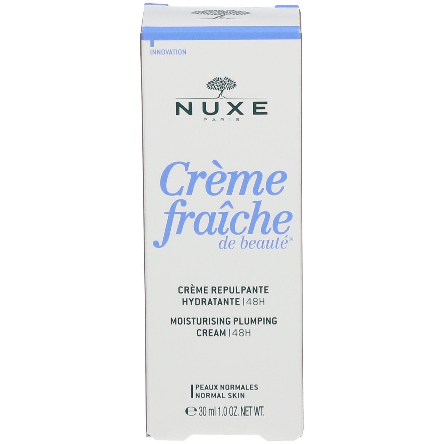 Scatola bianca con accento blu. Scritta: Nuxe, Crème fraîche de beauté, Crème repulpante idratante 48H.
