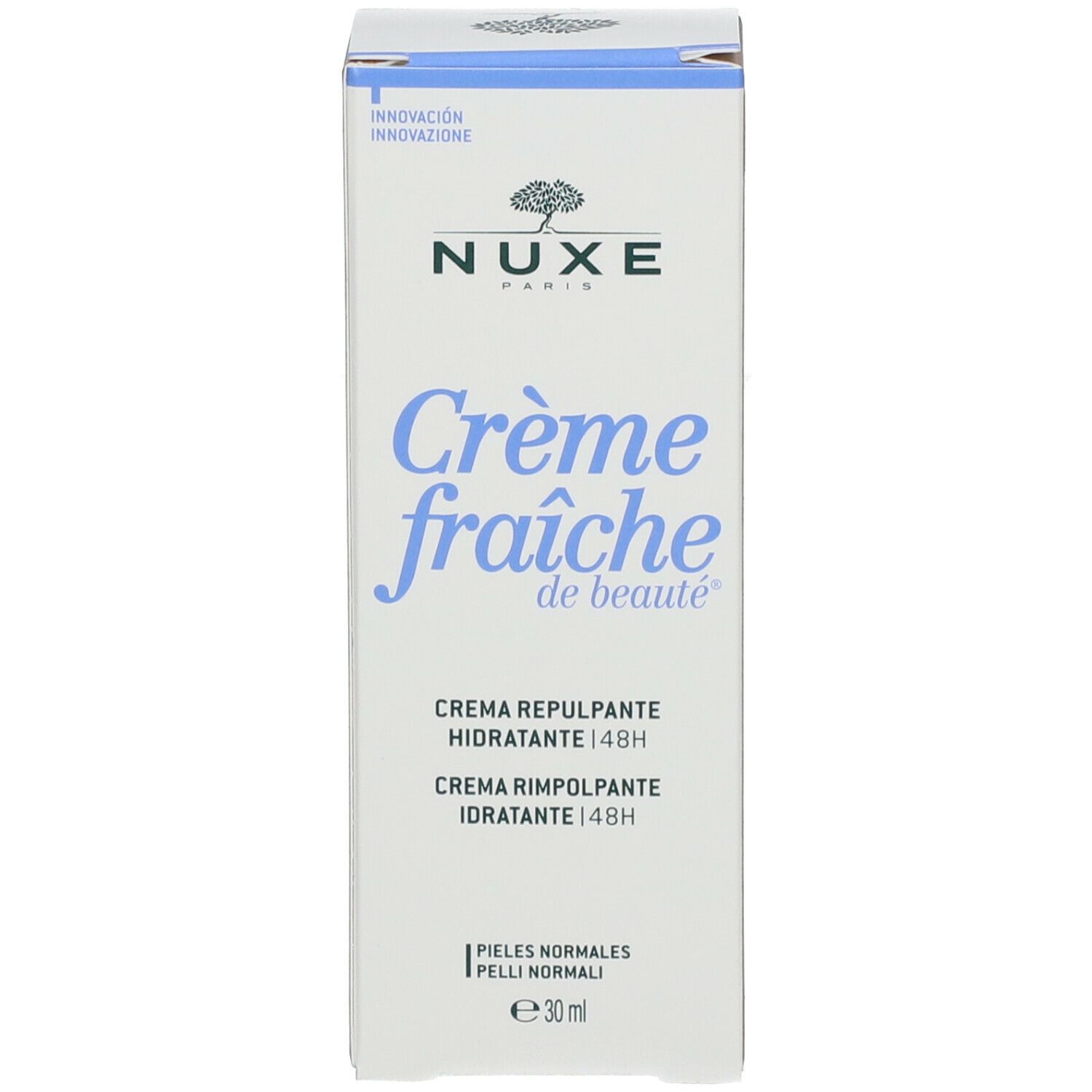 Scatola bianca con accento blu. Scritta: Nuxe, Crème fraîche de beauté, Crème repulpante idratante 48H.
