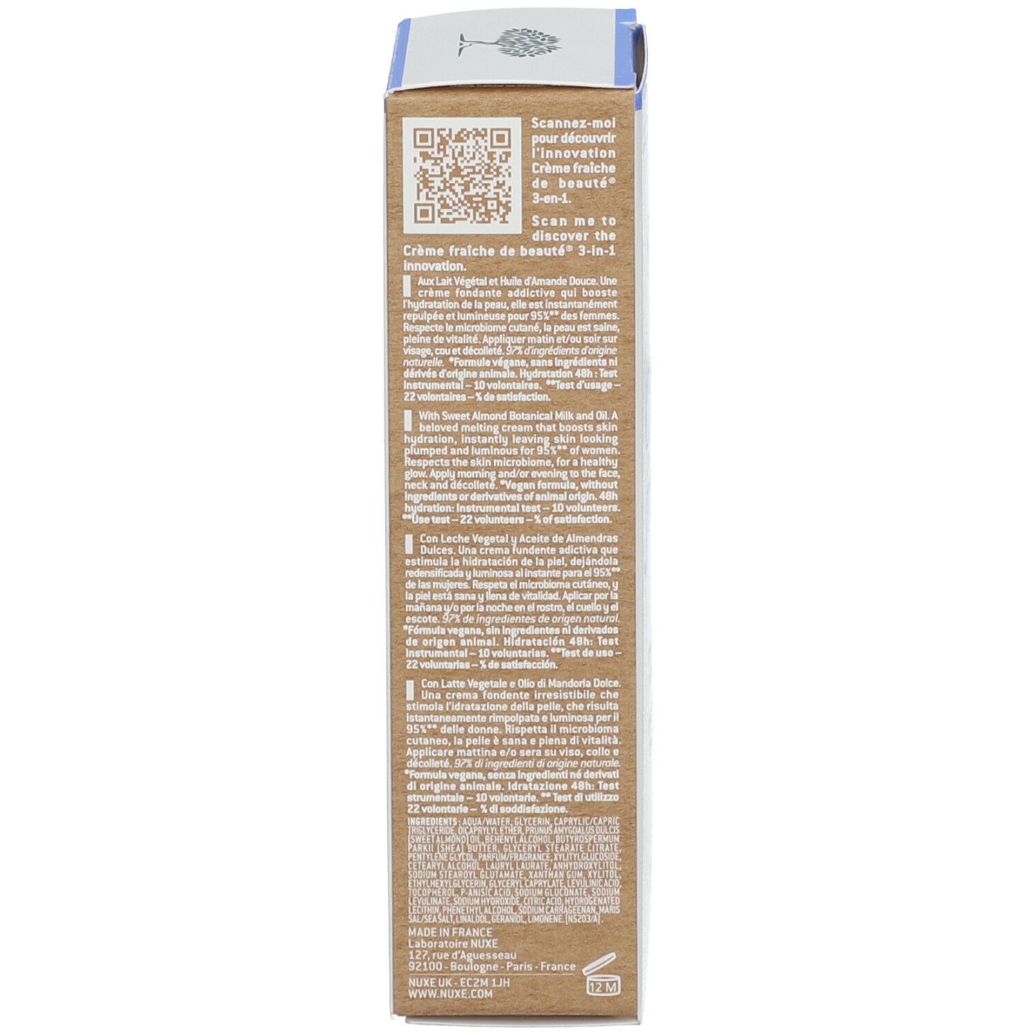 Retro della confezione. Testo multilingue. Codice QR. Informazioni su ingredienti e uso.