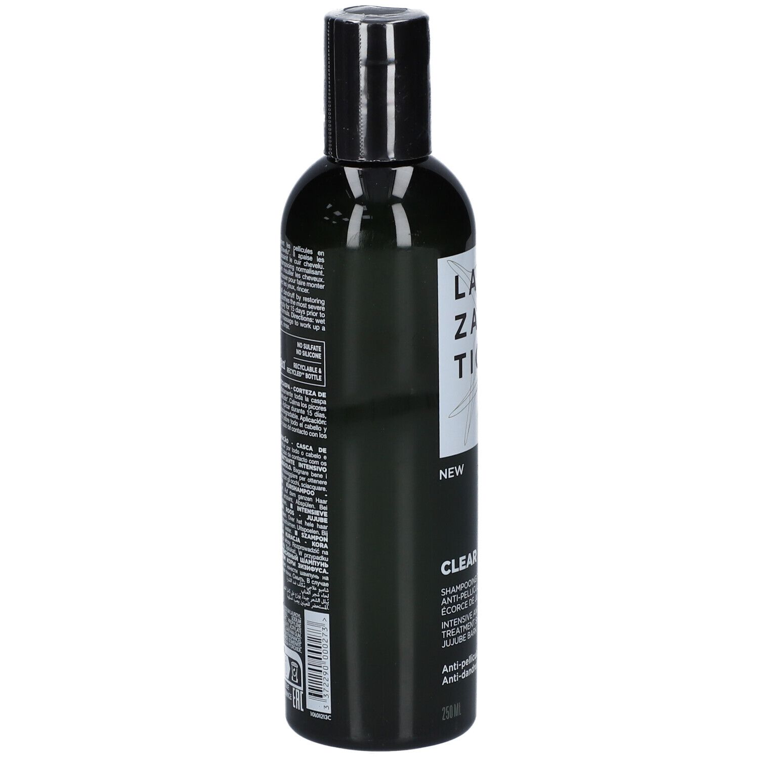 Flacone verde con tappo nero. Testo sul retro. Codice a barre.