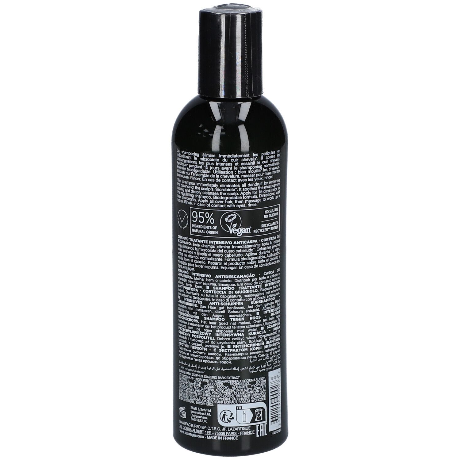 Retro del flacone verde. Testo, logo, certificazioni.