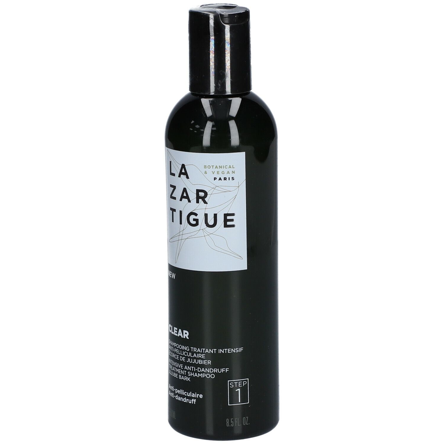 Flacone verde con tappo nero. Scritta: LAZARTIGUE, CLEAR, shampoo antiforfora.