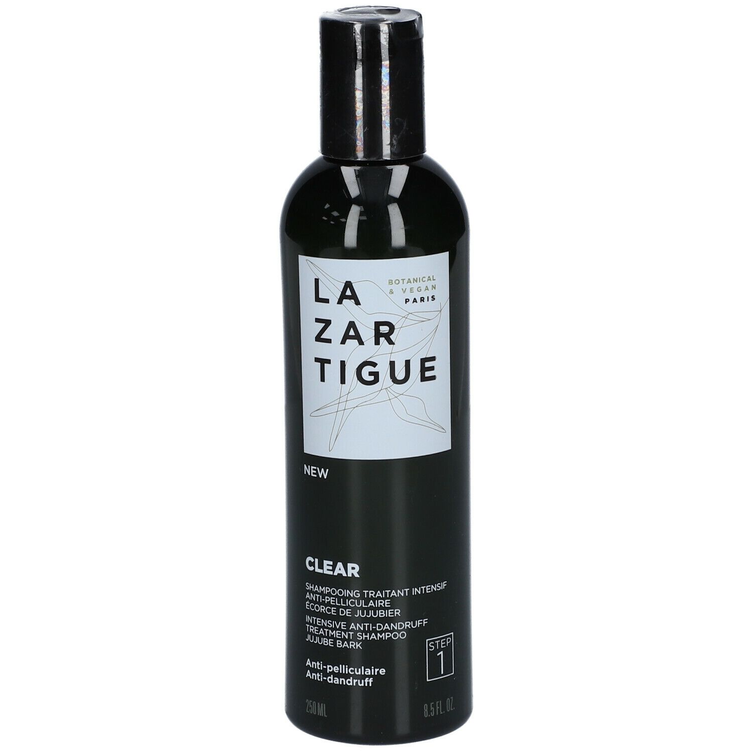 Flacone verde con tappo nero. Scritta: LAZARTIGUE, CLEAR, shampoo antiforfora.