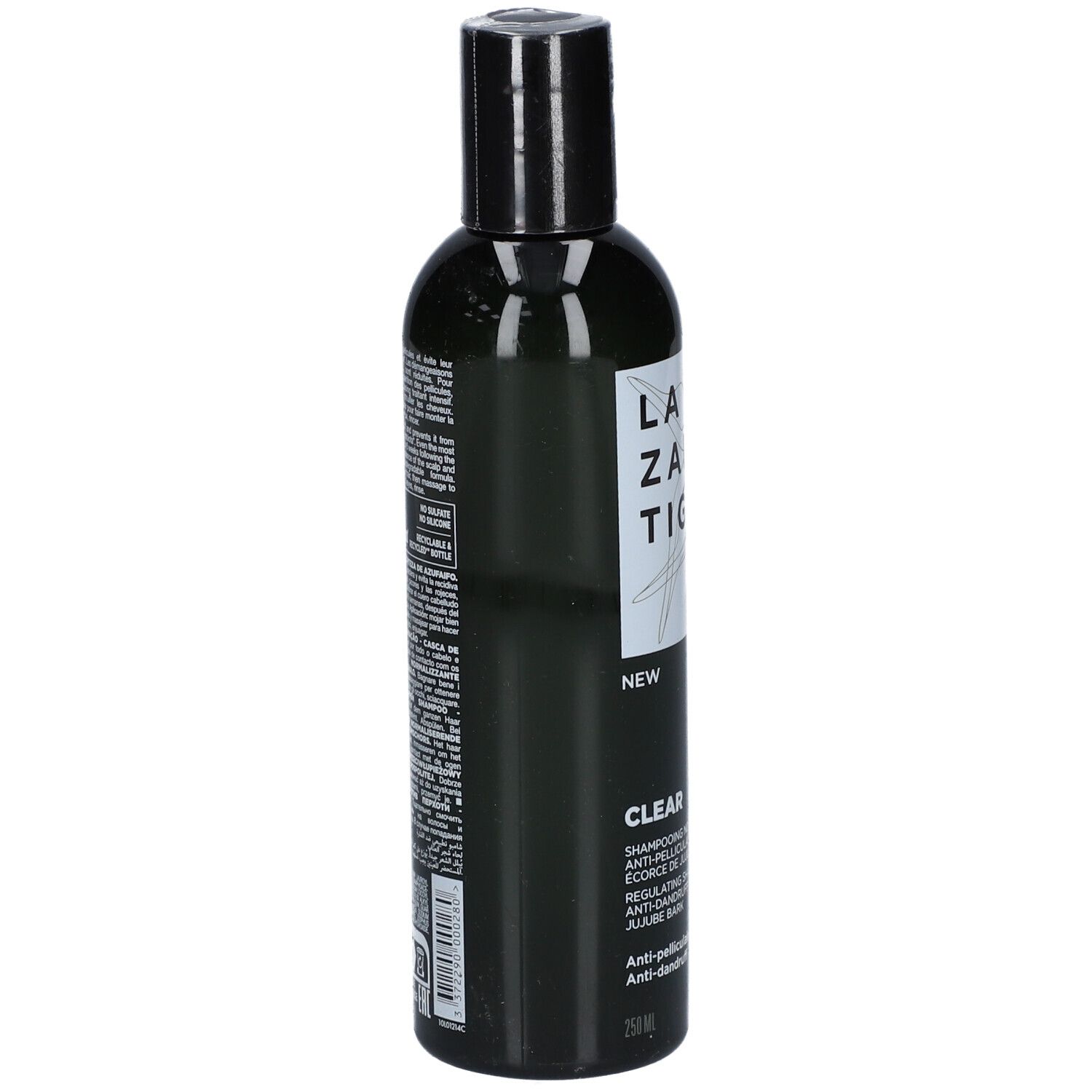 Flacone verde scuro, tappo nero. Scritta: LAZARTIGUE, CLEAR, shampoo antiforfora. Testo laterale.