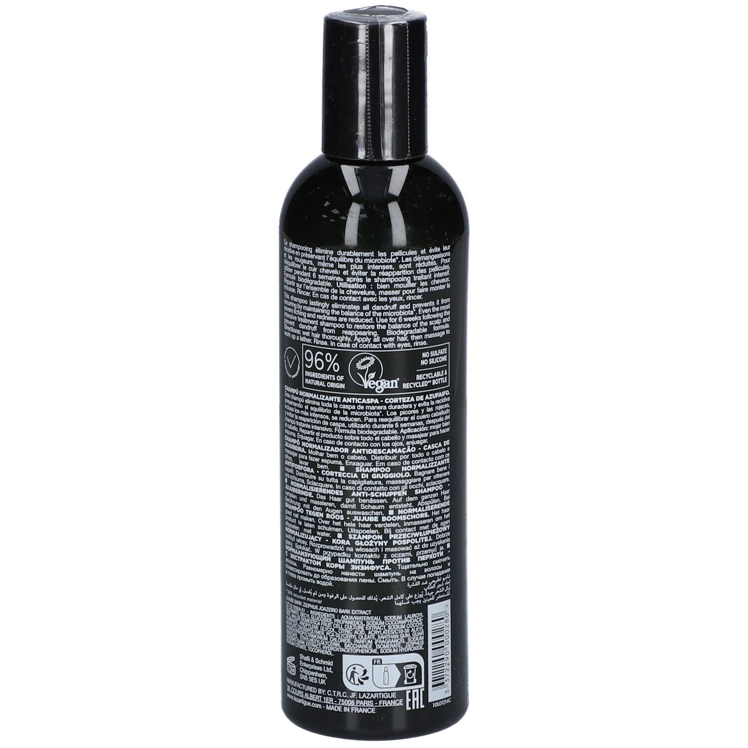 Retro di un flacone verde scuro, tappo nero. Testo e loghi, tra cui 96% ingredienti naturali.