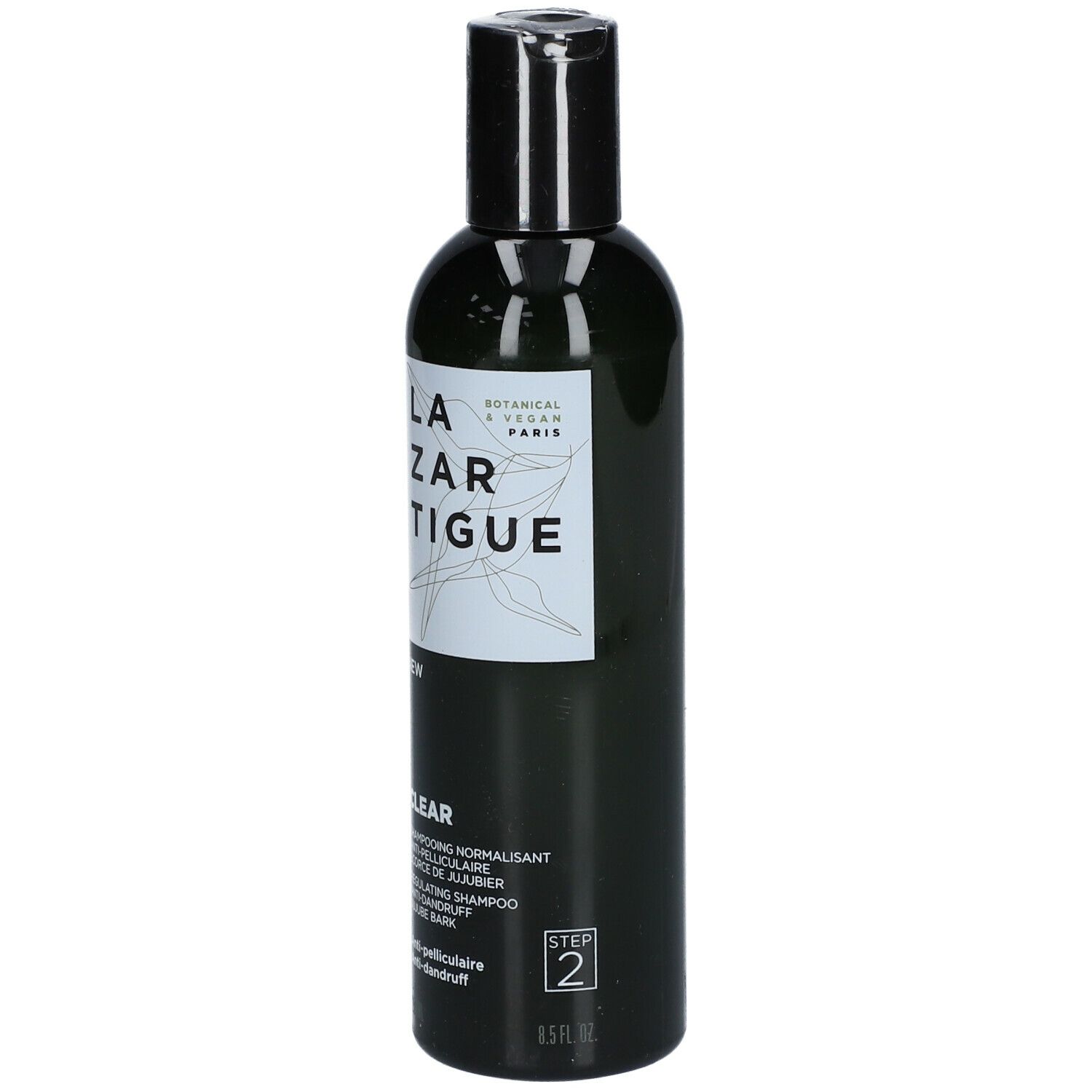 Flacone verde scuro, tappo nero. Scritta: LAZARTIGUE, CLEAR, shampoo antiforfora. 250 ml.