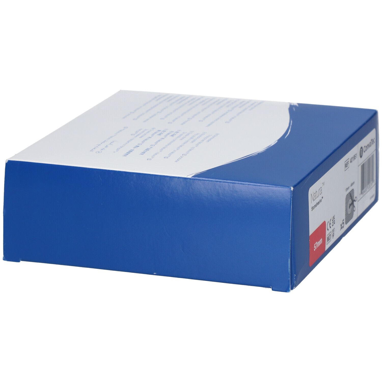 Scatola blu e bianca di Natura Stomahesive Flex À Découper 57 mm. Vista laterale con informazioni.