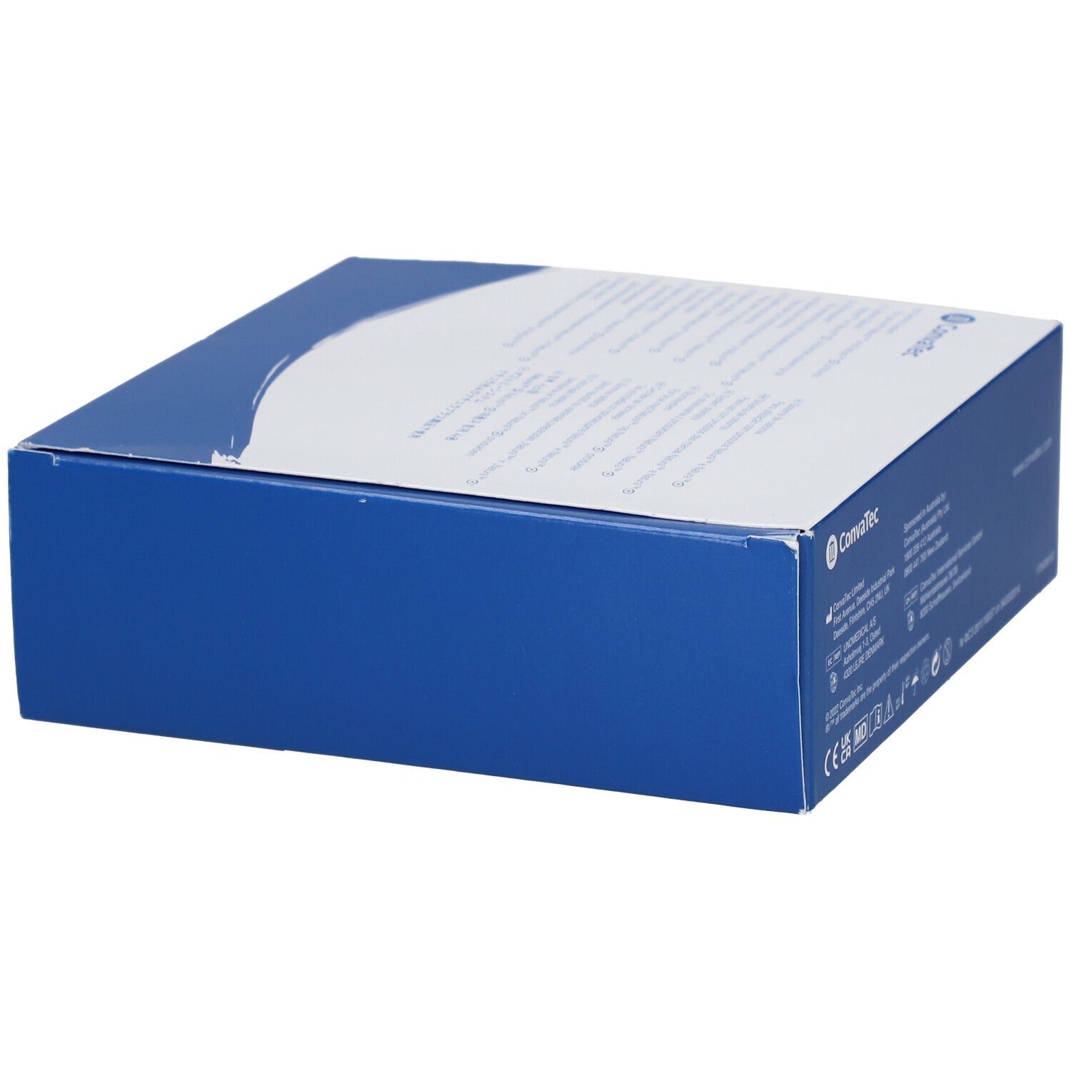 Vista laterale della confezione di Natura Stomahesive Flex À Découper 57 mm. Scatola blu e bianca.