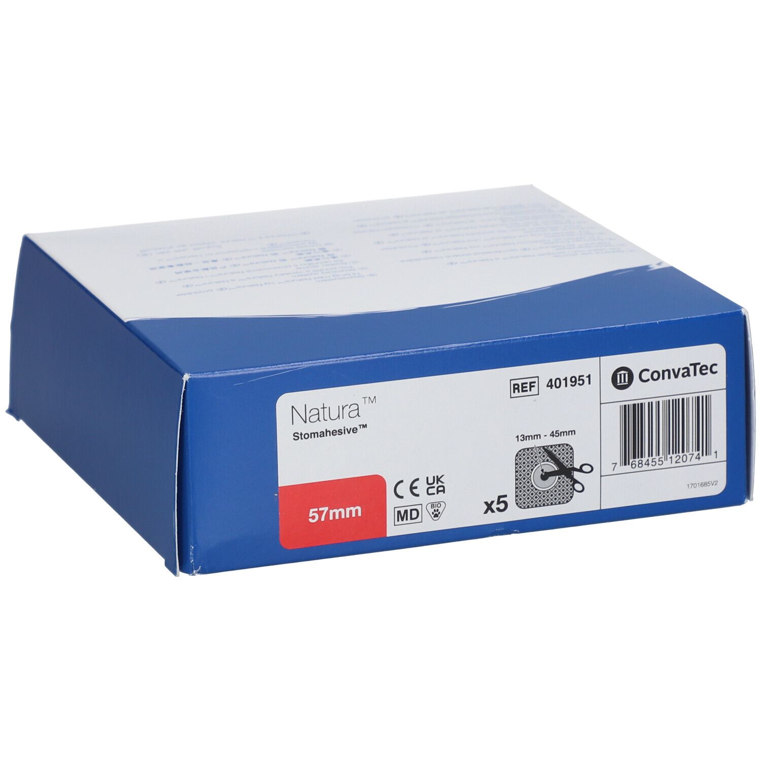 Confezione di Natura Stomahesive Flex À Découper 57 mm. Scatola blu e bianca con informazioni.