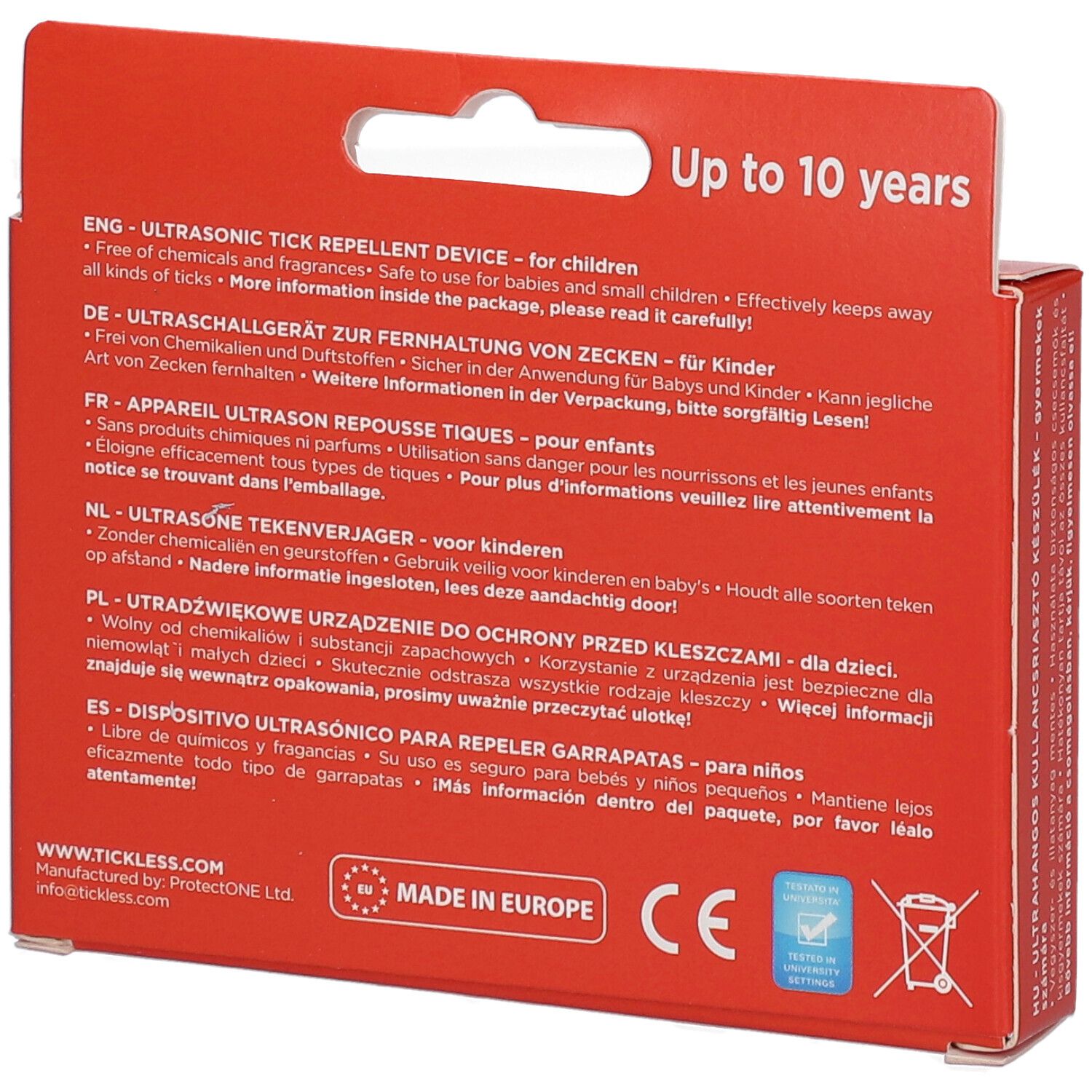 Retro della confezione rossa. Testo multilingue. Scritta: TICKLESS. Marchio CE e simbolo di riciclaggio.