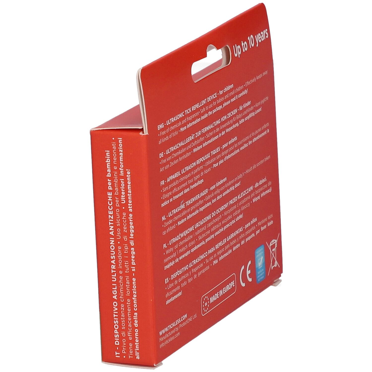 Confezione rossa, testo multilingue. Scritta: TICKLESS. Marchio CE e simbolo di riciclaggio. Prodotto non visibile.