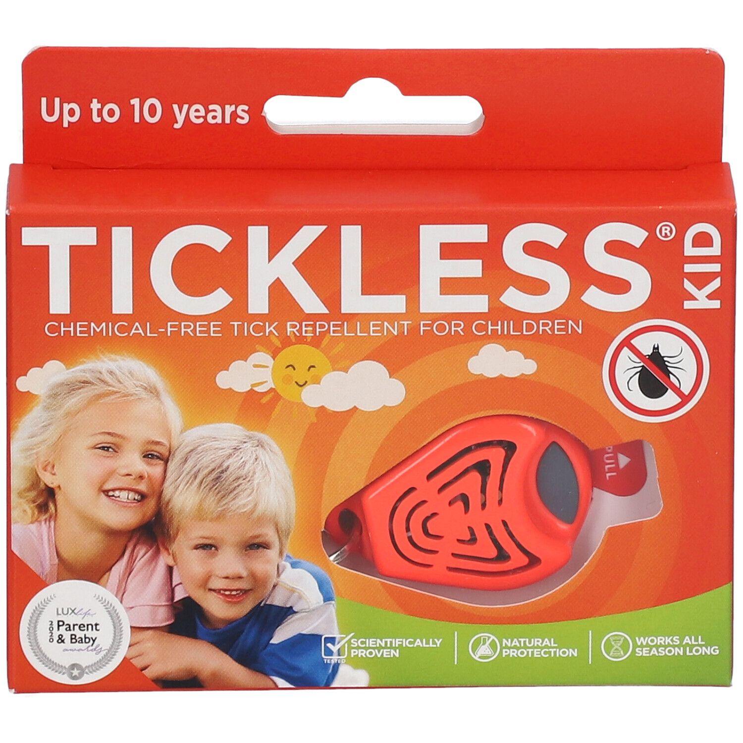 Confezione rossa con prodotto. Scritta: TICKLESS KID. Illustrazione di bambini e simbolo di zecca. Prodotto visibile.
