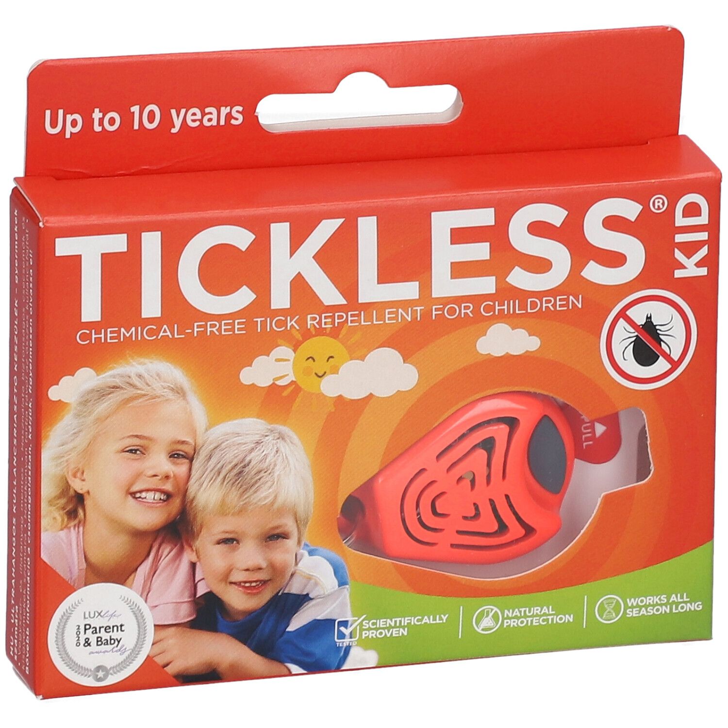 Confezione rossa con prodotto. Scritta: TICKLESS KID. Illustrazione di bambini e simbolo di zecca. Prodotto visibile.