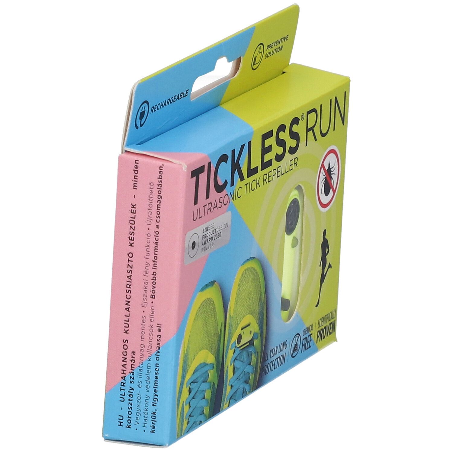 Confezione TICKLESS® RUN. Repellente ultrasuoni contro zecche. Dispositivo neon. Scarpe da corsa. Ricaricabile.
