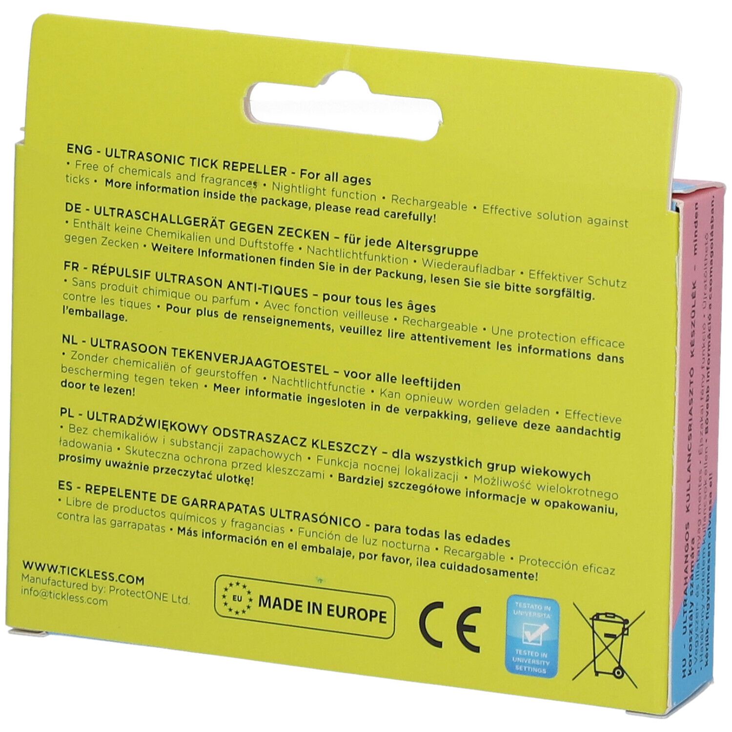 Retro confezione. Testo multilingue. Informazioni sul prodotto. Marchio CE. Prodotto in Europa. Simbolo bidone.