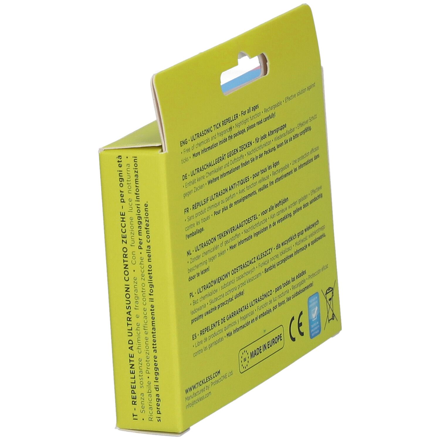 Confezione. Testo multilingue. Informazioni sul prodotto. Marchio CE. Prodotto in Europa. Simbolo bidone.