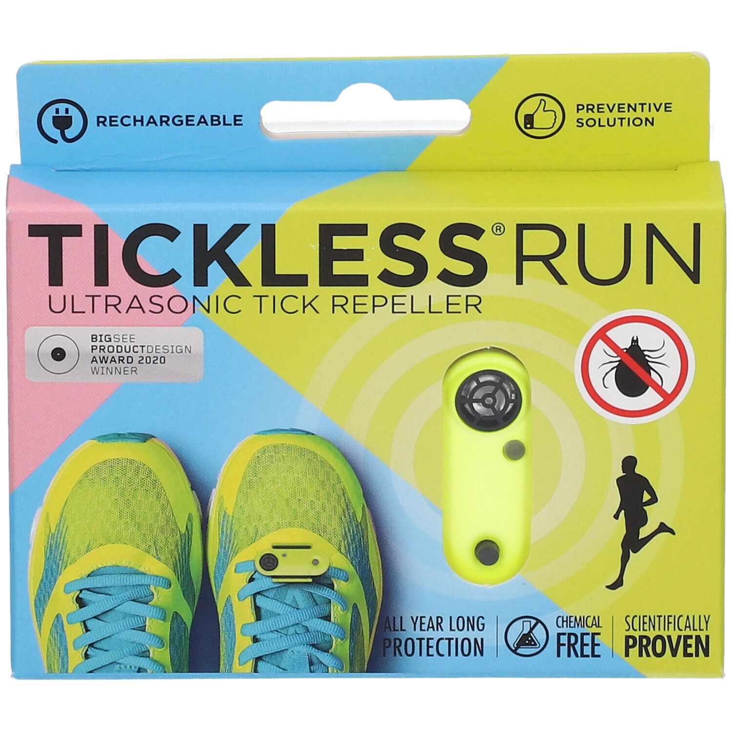 Confezione TICKLESS® RUN. Repellente ultrasuoni contro zecche. Dispositivo neon. Scarpe da corsa. Ricaricabile.