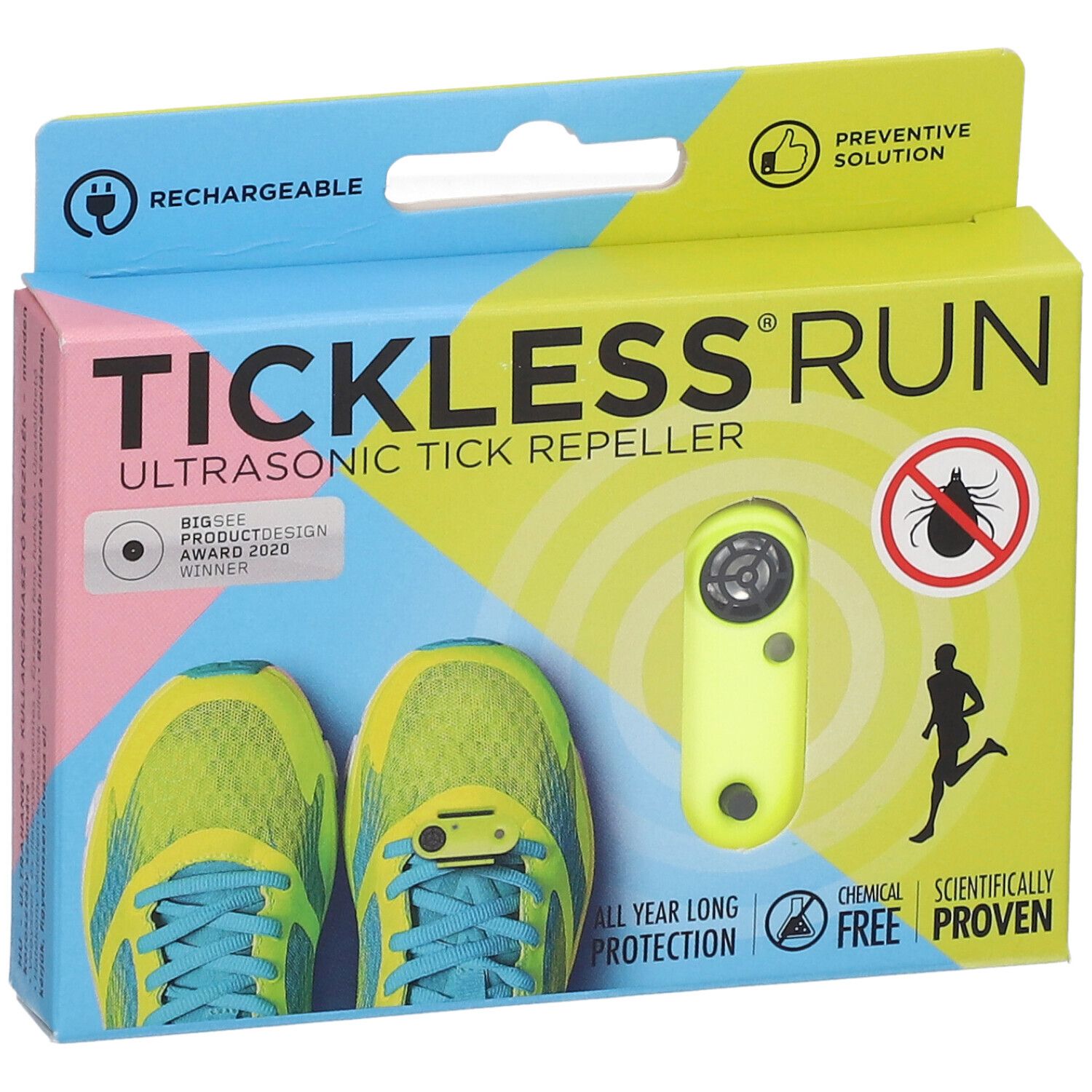 Confezione TICKLESS® RUN. Repellente ultrasuoni contro zecche. Dispositivo neon. Scarpe da corsa. Ricaricabile.