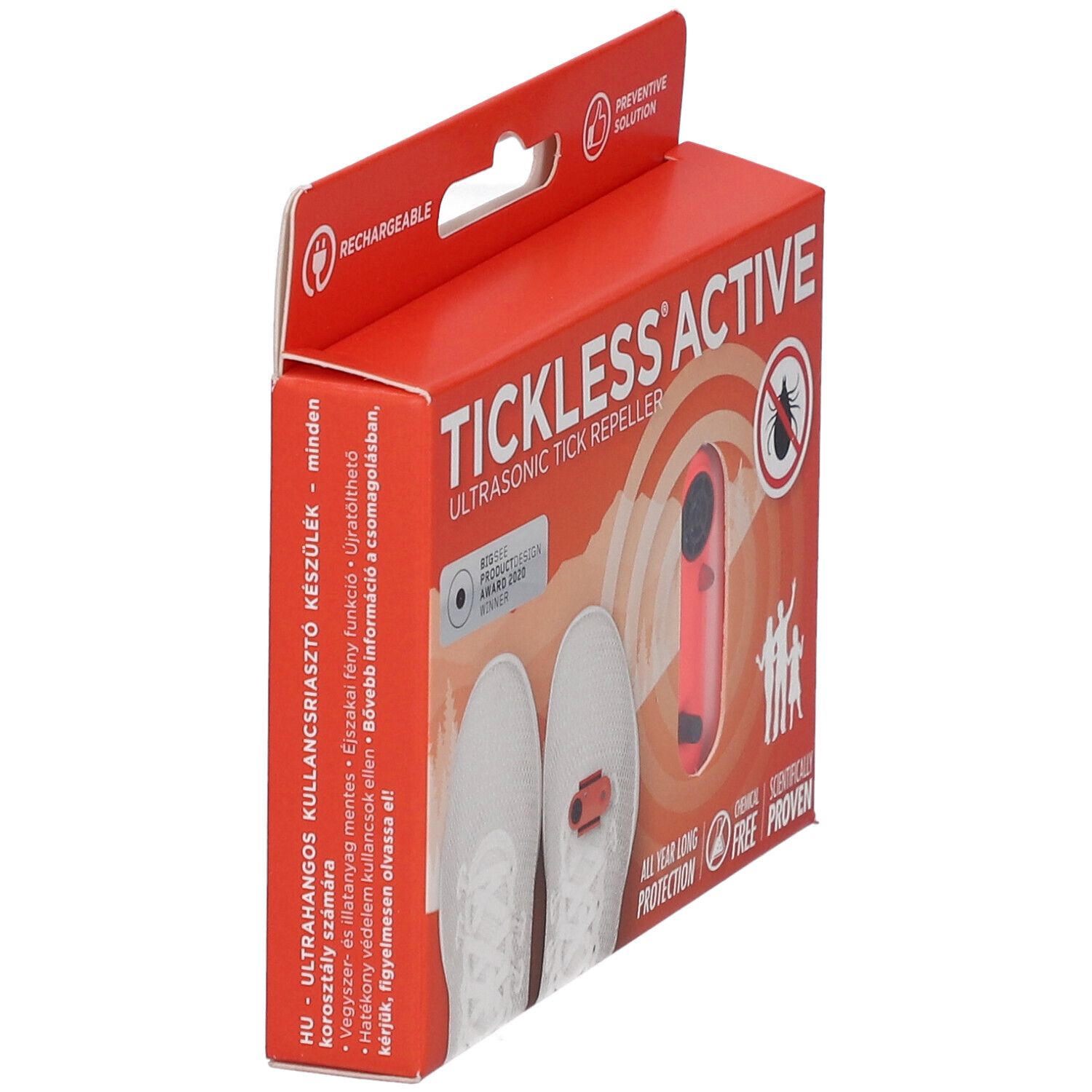Confezione rossa, vista laterale. Mostra testo e un dispositivo. Testo: TICKLESS ACTIVE, repellente ultrasuoni contro zecche. Con immagine.