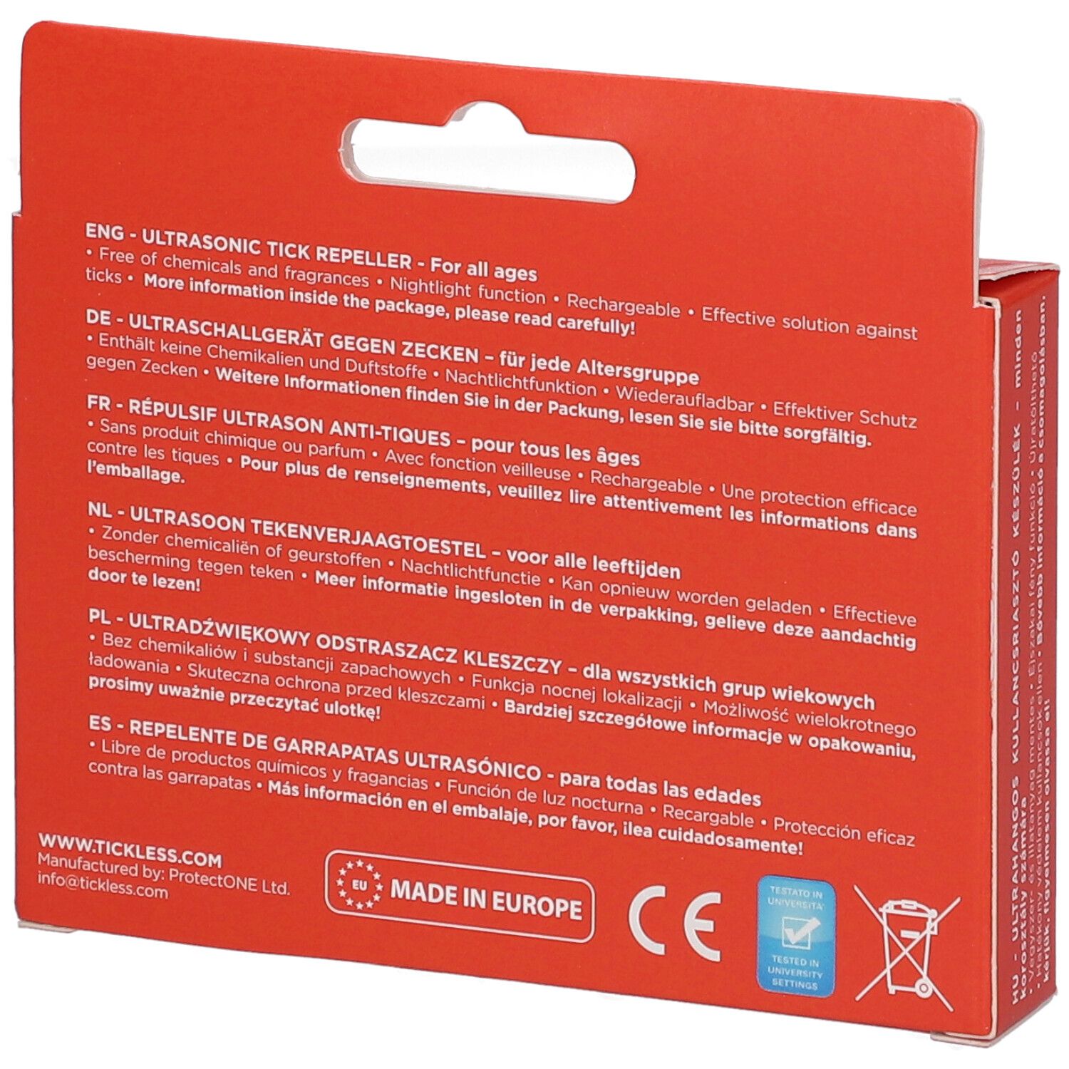 Retro della confezione rossa. Testo in più lingue. Informazioni sul prodotto: repellente ultrasuoni contro zecche.