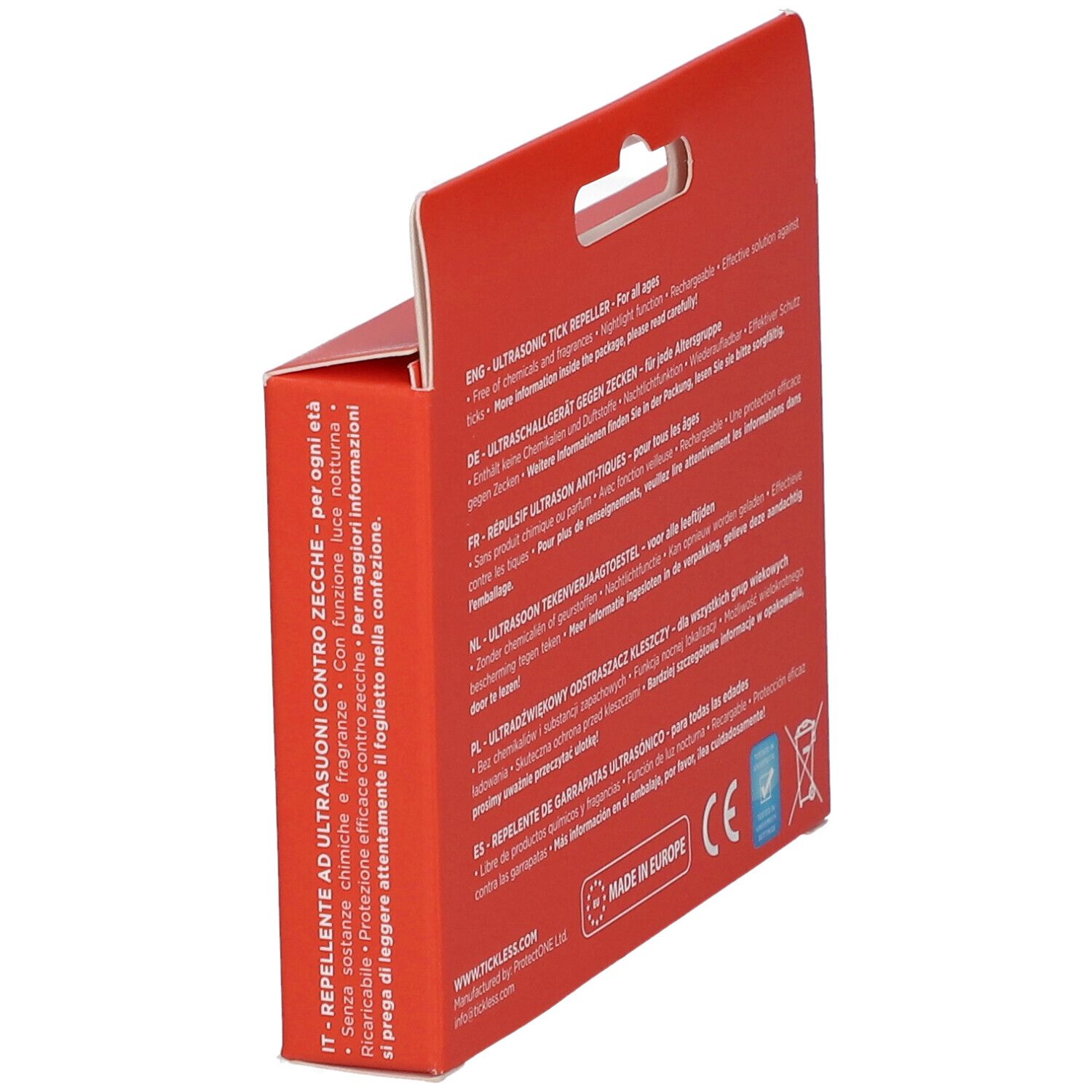 Vista laterale della confezione rossa. Testo in più lingue. Informazioni sul prodotto: repellente ultrasuoni contro zecche.