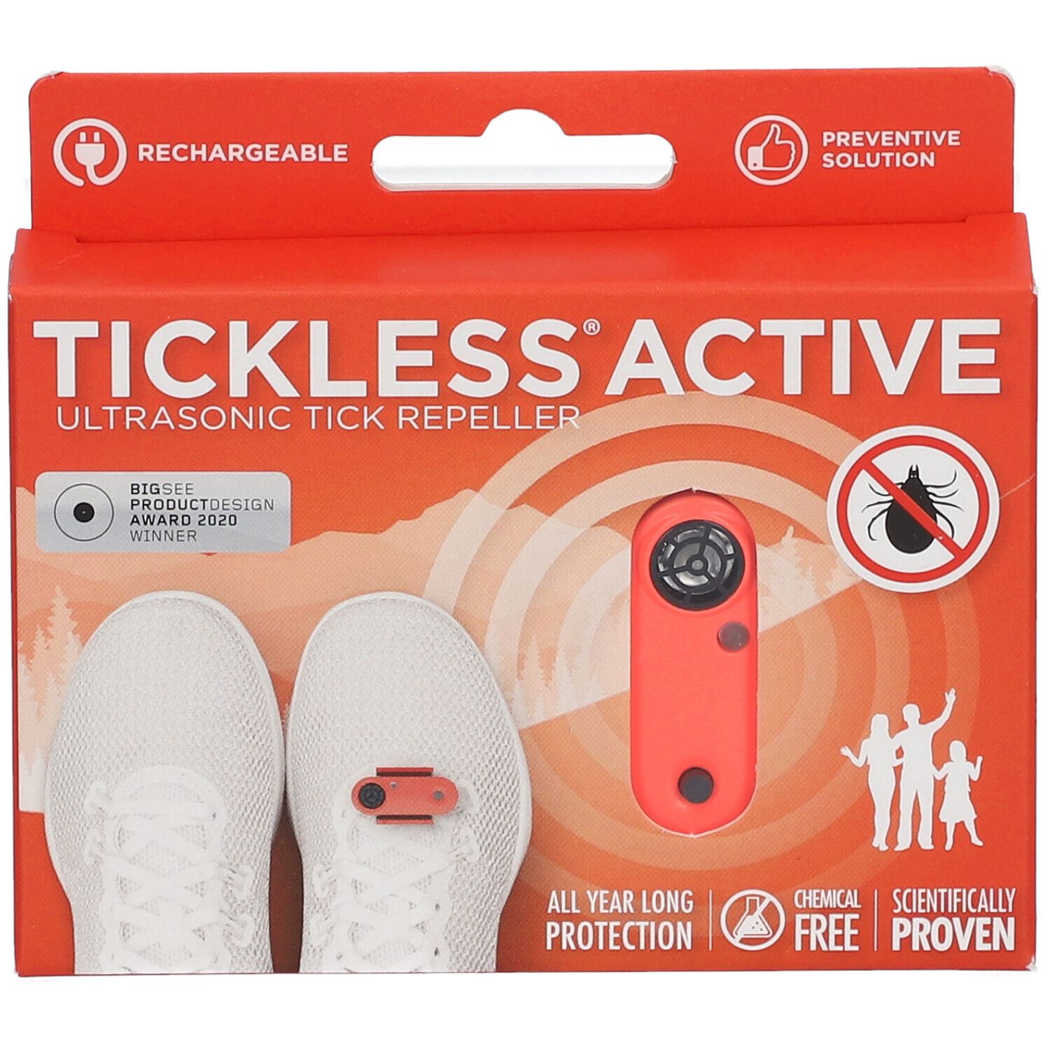 Confezione rossa con immagine del prodotto. Mostra un dispositivo e scarpe. Testo: TICKLESS ACTIVE, repellente ultrasuoni contro zecche.
