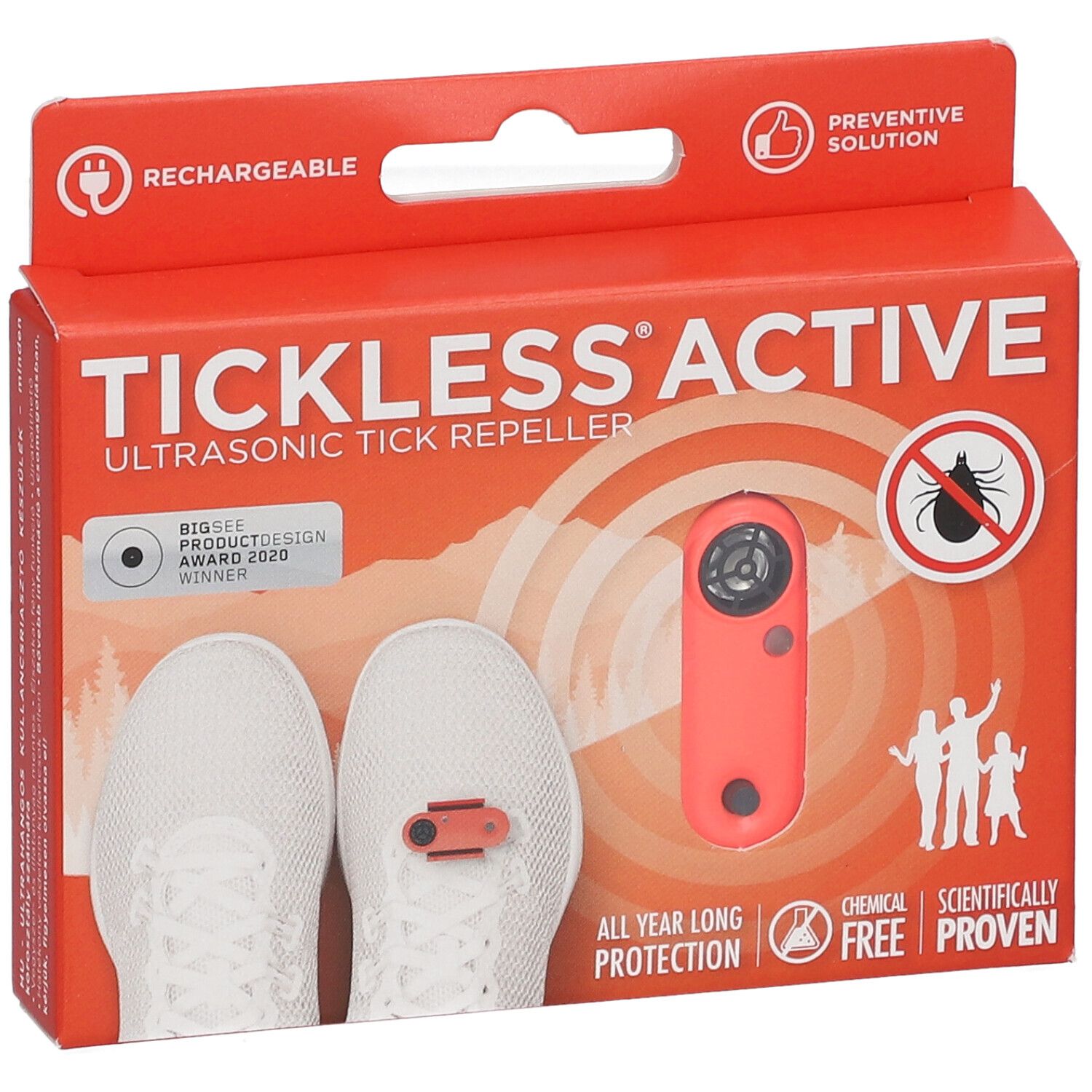 Confezione rossa con immagine del prodotto. Mostra un dispositivo e scarpe. Testo: TICKLESS ACTIVE, repellente ultrasuoni contro zecche.