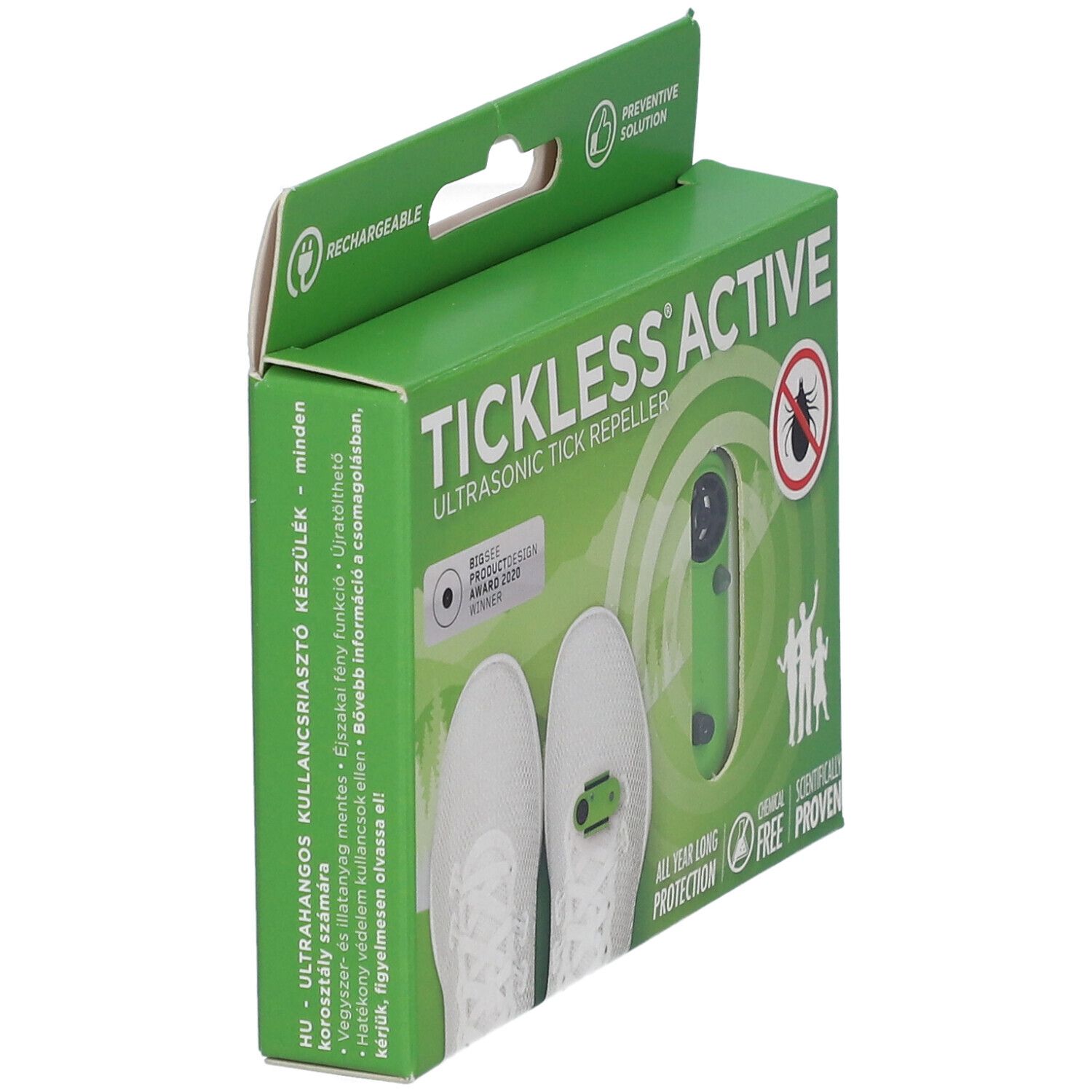 Repellente per zecche a ultrasuoni verde in scatola, vista laterale con informazioni sul prodotto.