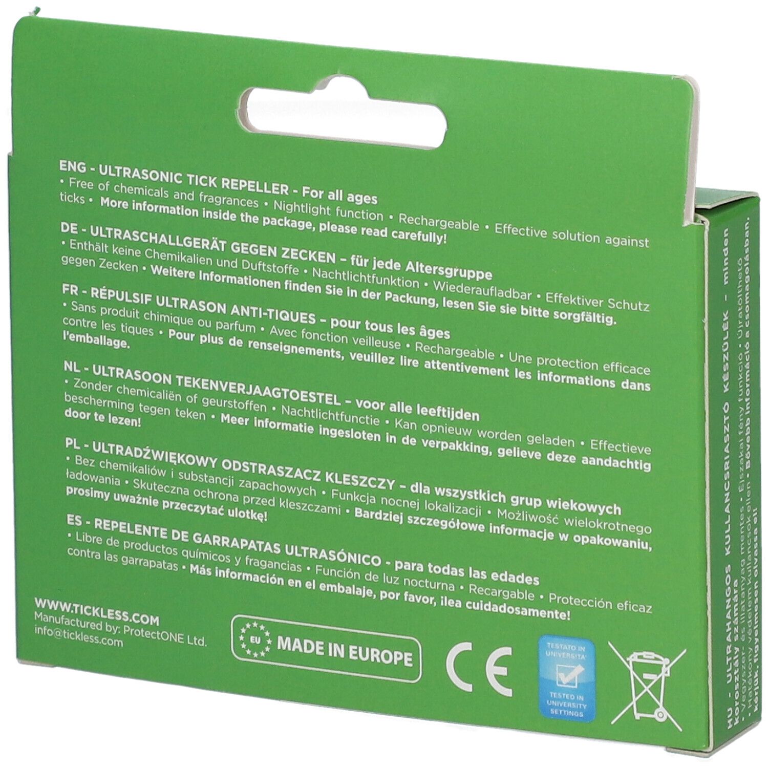 Retro della confezione del repellente per zecche a ultrasuoni verde, con info prodotto multilingue.