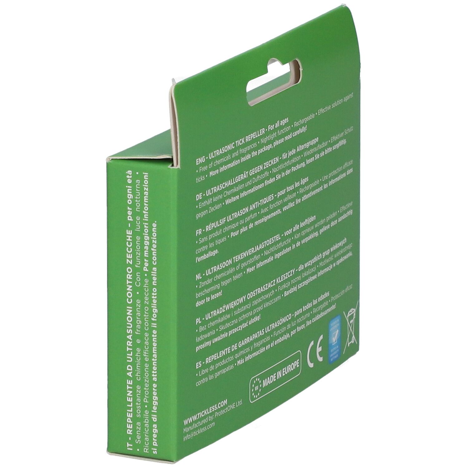 Vista laterale della confezione del repellente per zecche a ultrasuoni verde, con info prodotto multilingue.