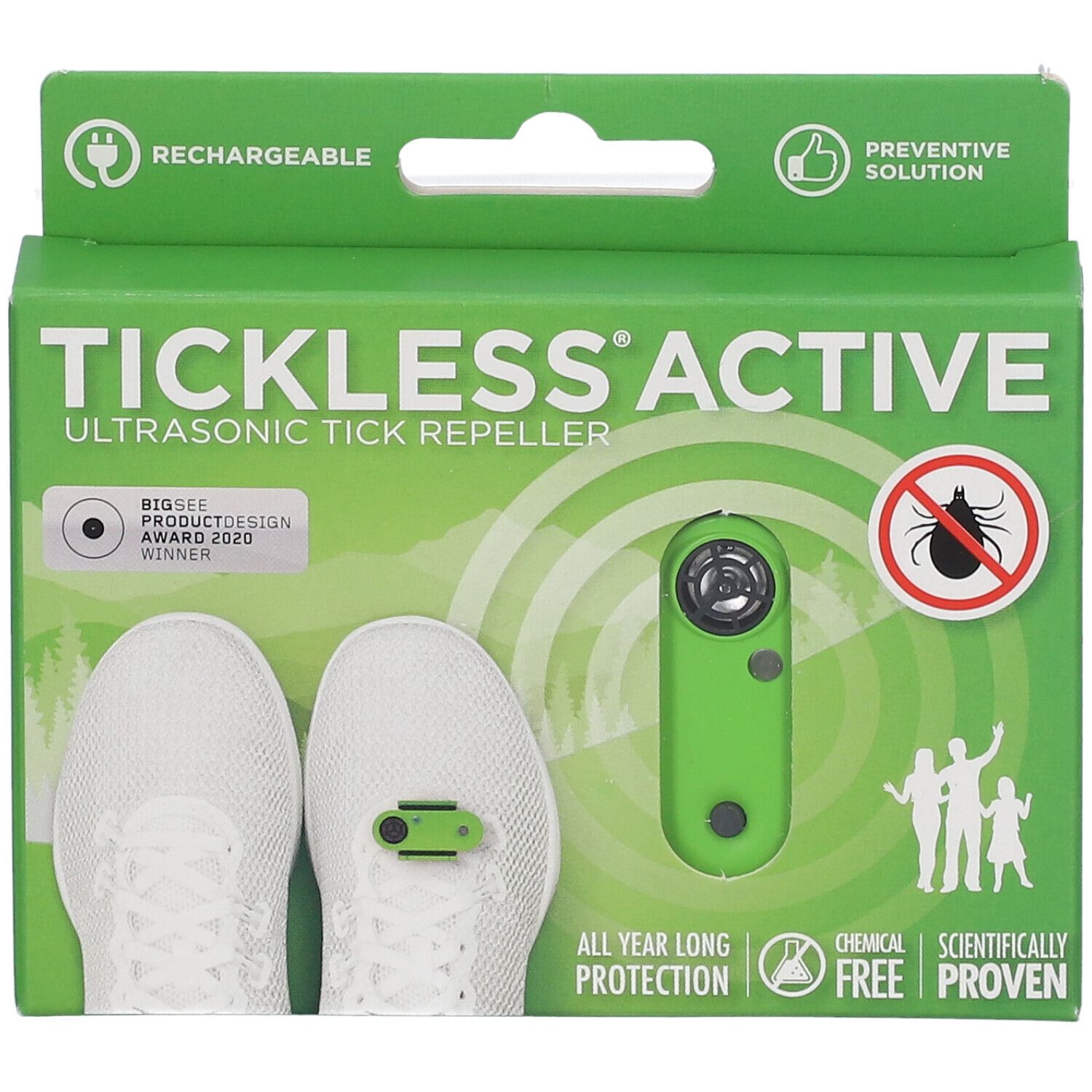 Repellente per zecche a ultrasuoni verde in scatola, con immagini di scarpe e una famiglia.