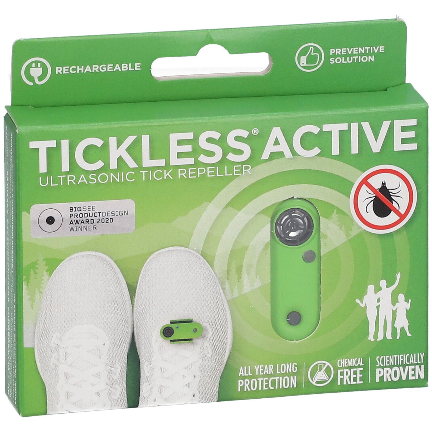 Repellente per zecche a ultrasuoni verde in scatola, con immagini di scarpe e una famiglia.