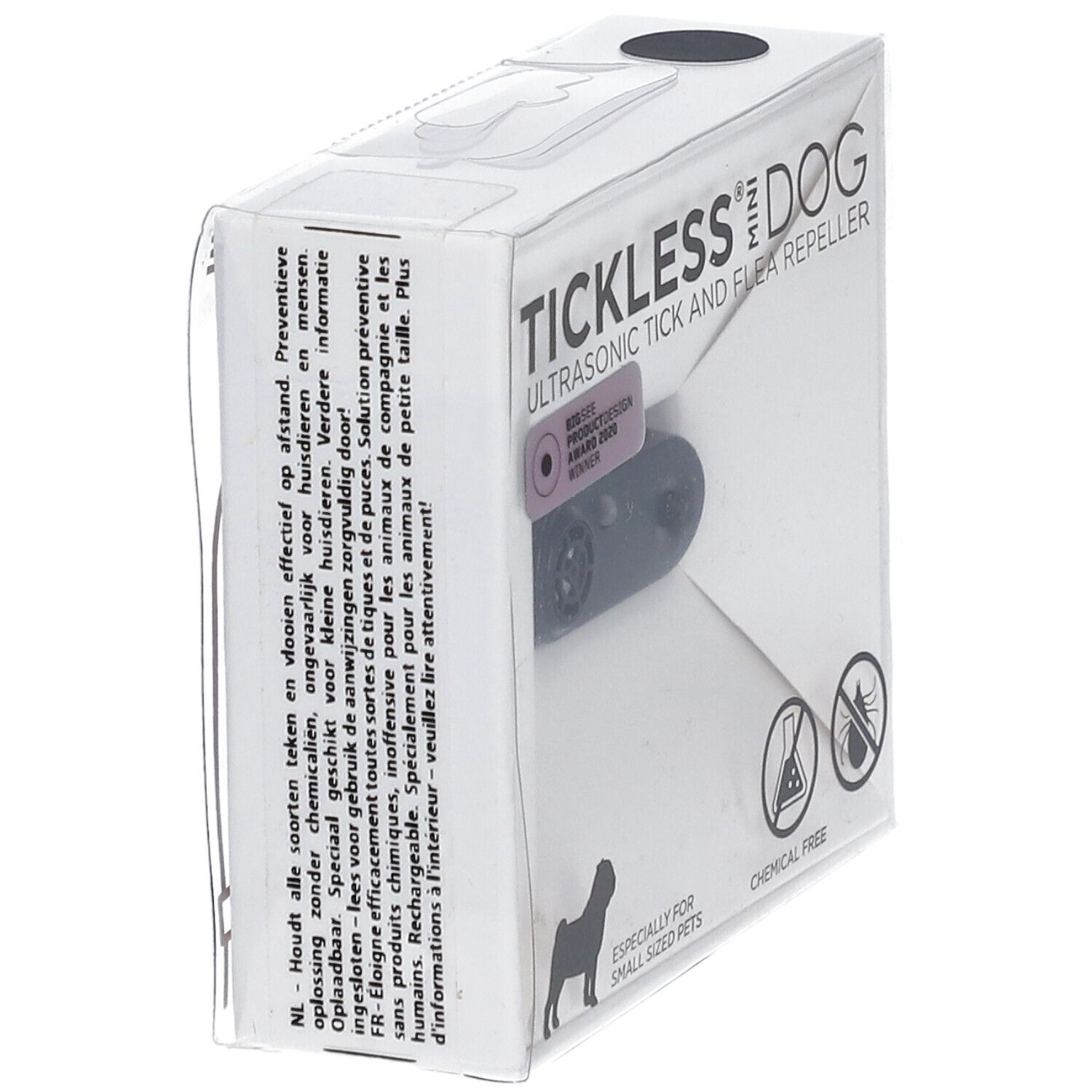 Confezione con prodotto. Dispositivo nero visibile attraverso finestra. Testo: TICKLESS MINI DOG, repellente ultrasuoni per zecche e pulci. Testo multilingue.