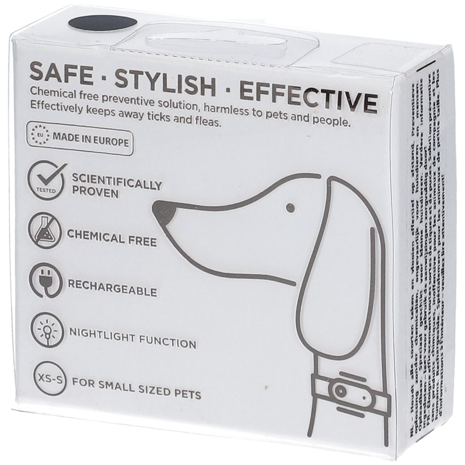 Confezione bianca con testo e simboli. Testo: SAFE, STYLISH, EFFECTIVE. Made in Europe. Scientificamente provato. Senza sostanze chimiche. Ricaricabile.