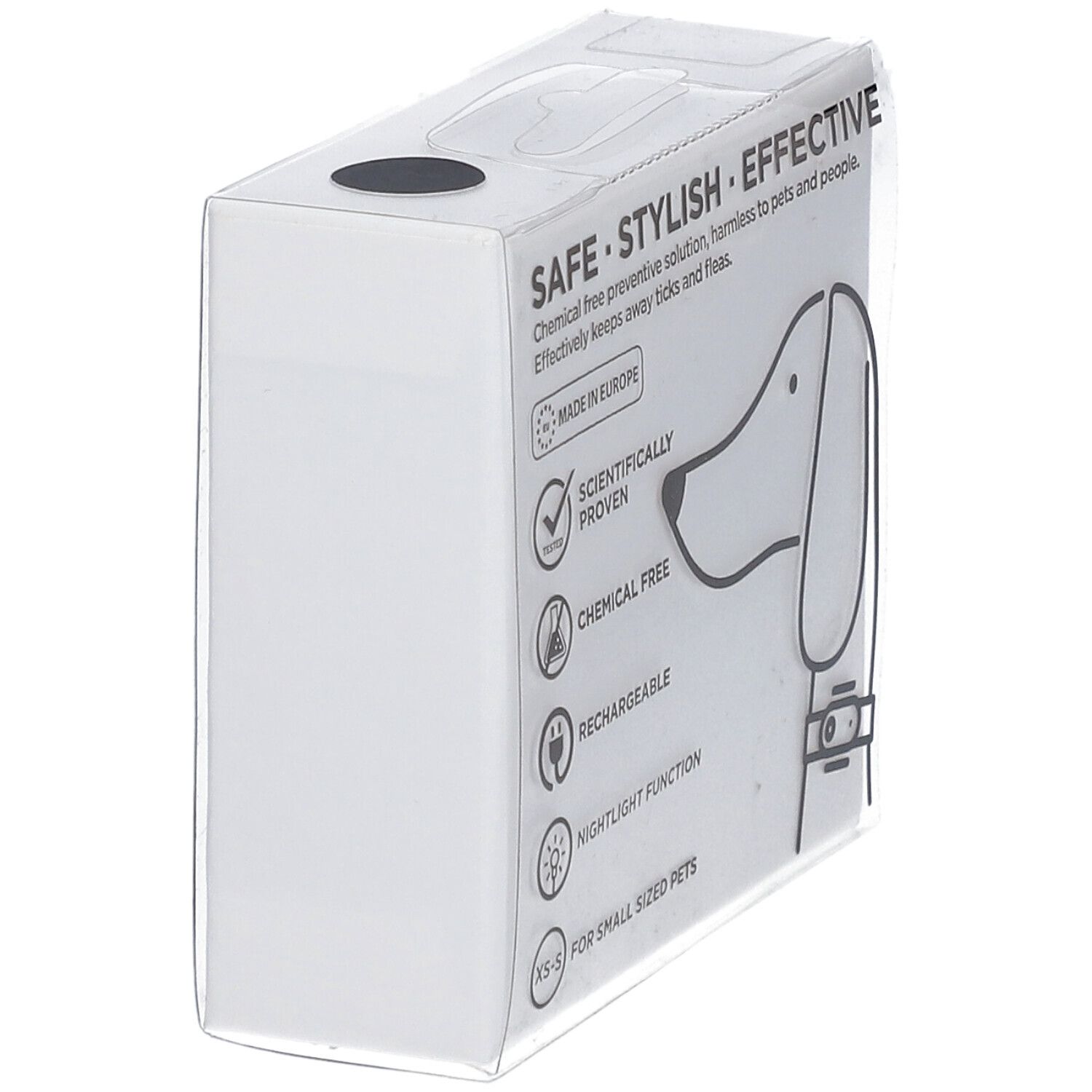 Confezione bianca con testo e simboli. Testo: SAFE, STYLISH, EFFECTIVE. Made in Europe. Scientificamente provato. Senza sostanze chimiche. Ricaricabile.