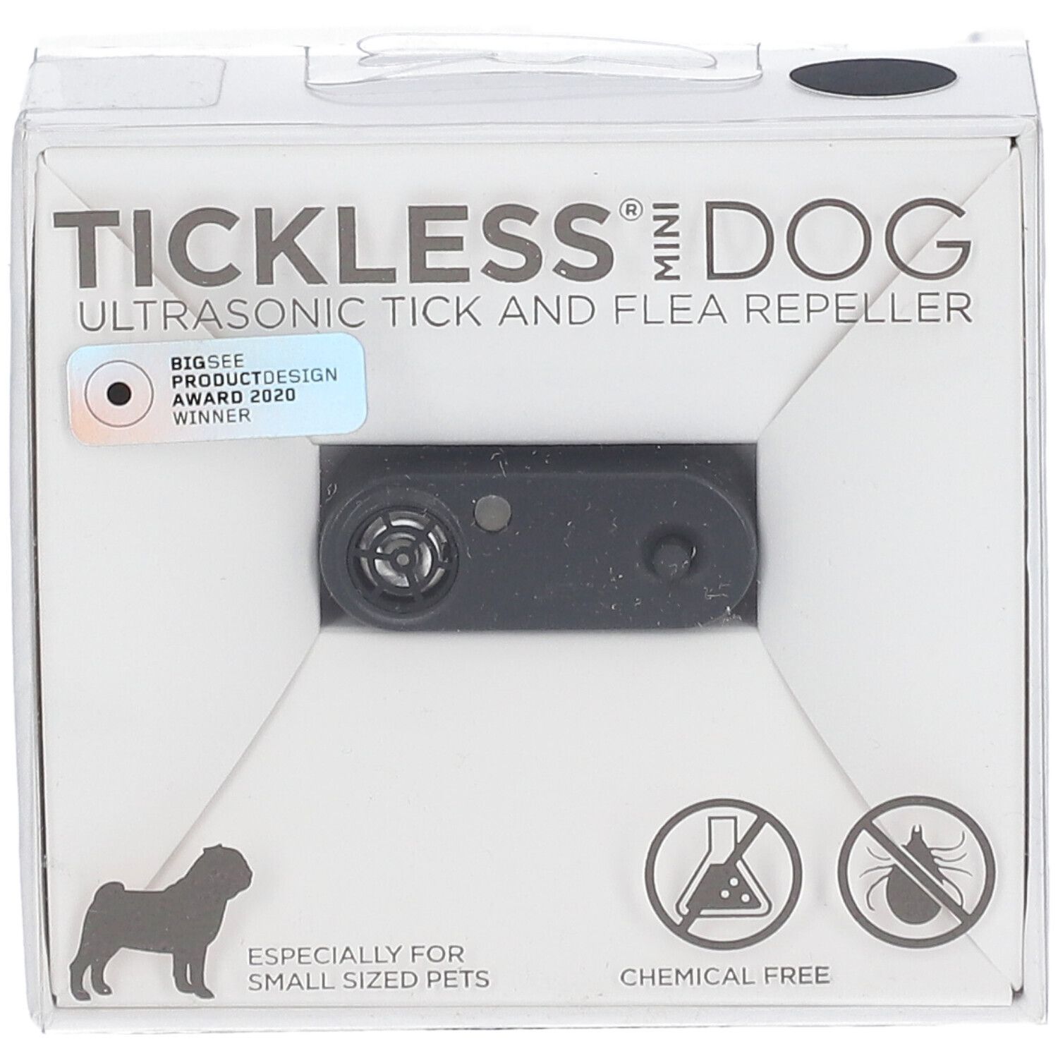 Confezione con prodotto. Dispositivo nero visibile attraverso finestra. Testo: TICKLESS MINI DOG, repellente ultrasuoni per zecche e pulci. Premio.
