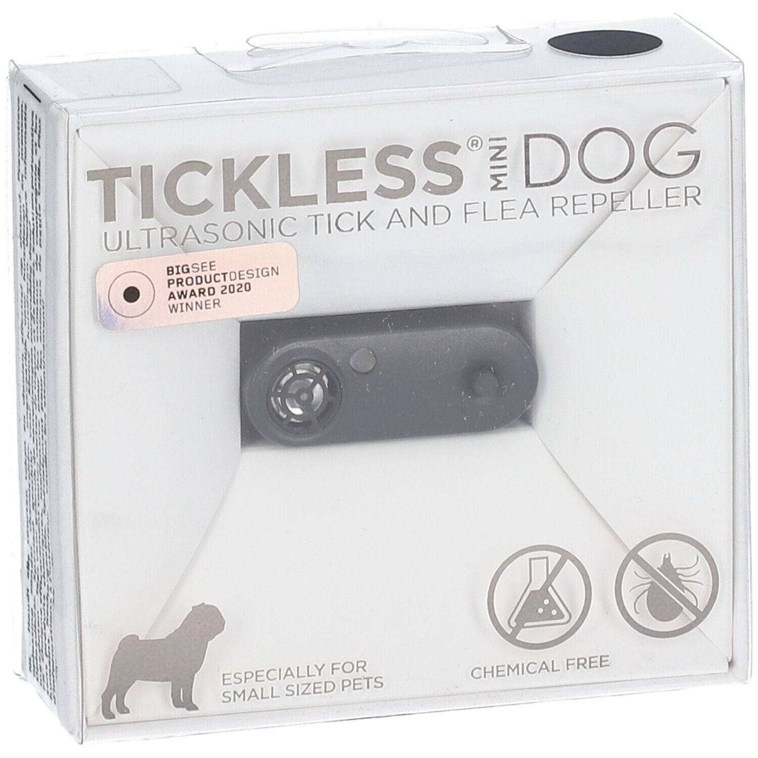 Confezione con prodotto. Dispositivo grigio visibile attraverso finestra. Testo: TICKLESS MINI DOG, repellente ultrasuoni per zecche e pulci. Premio.