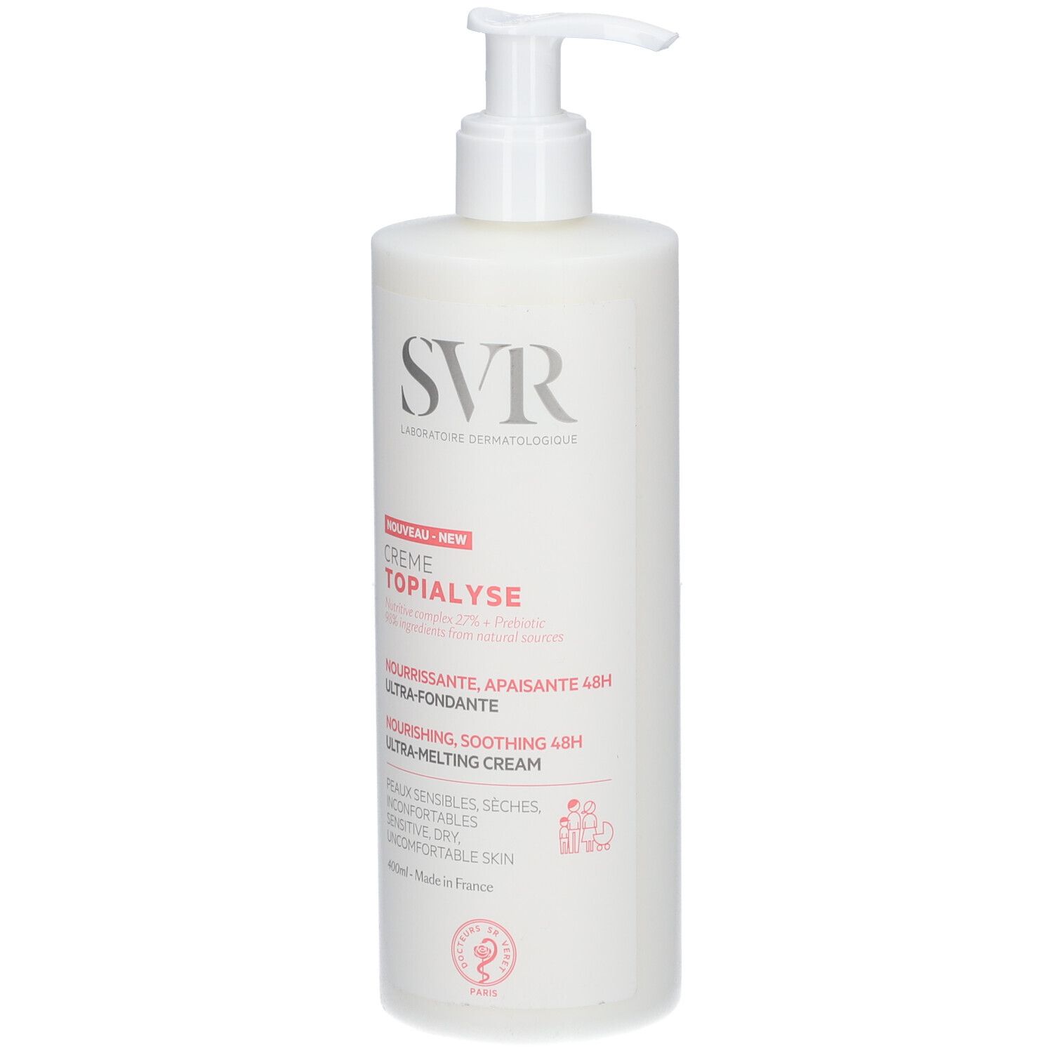 Flacone SVR Topialyse Crema con erogatore a pompa, 400ml, vista frontale.